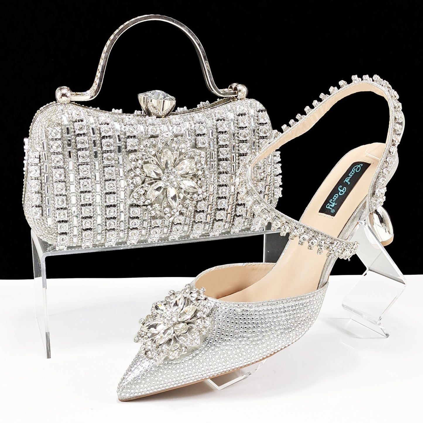 Conjunto de zapatos y bolso con flores de diamantes de imitación para mujer - Tacones altos de noche