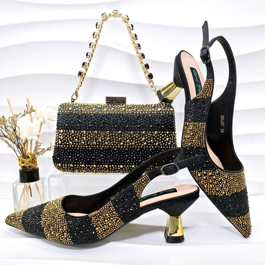 Ensemble Chaussures Sac Femme Rayures Strass - Talons Hauts Banquet