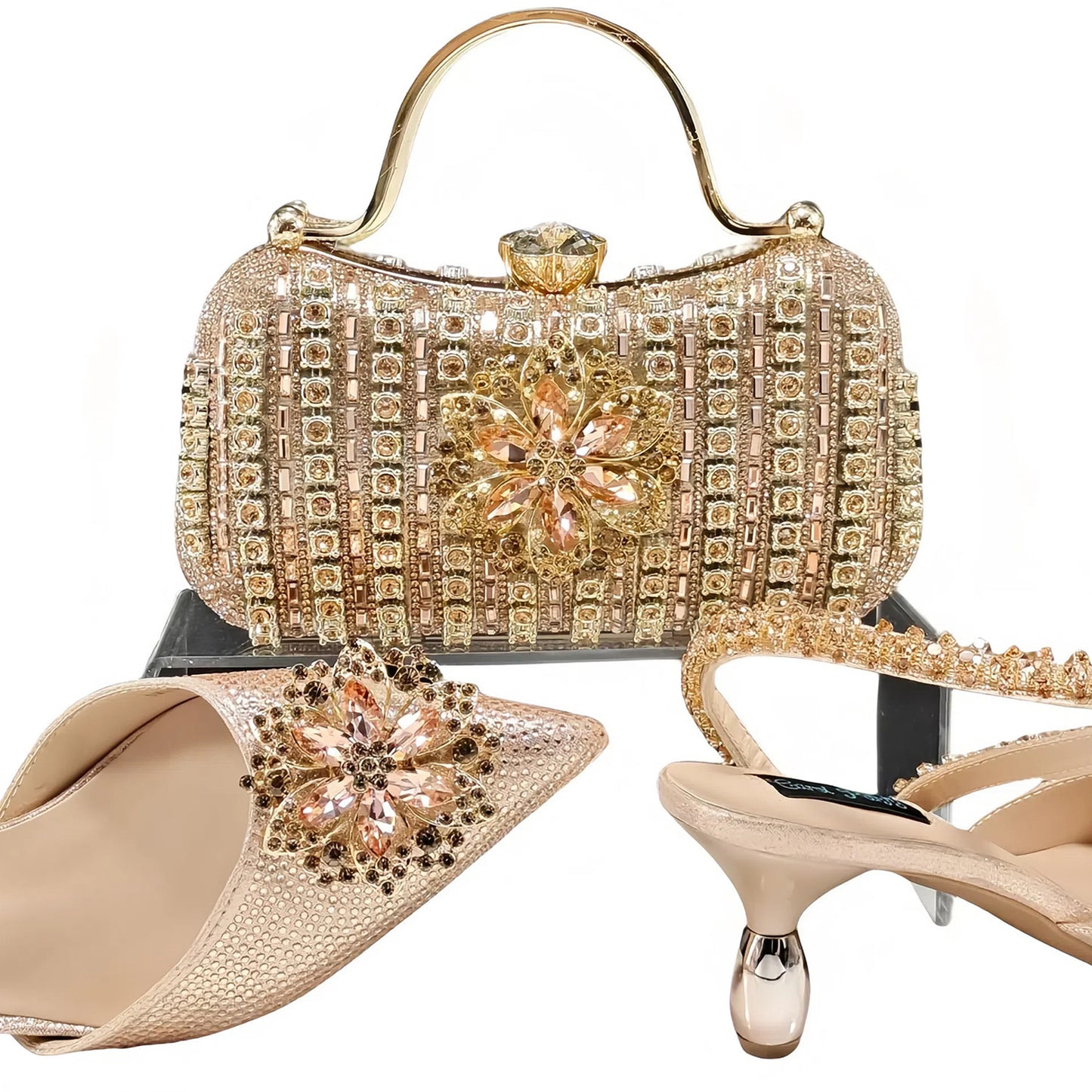 Conjunto de zapatos y bolso con flores de diamantes de imitación para mujer - Tacones altos de noche