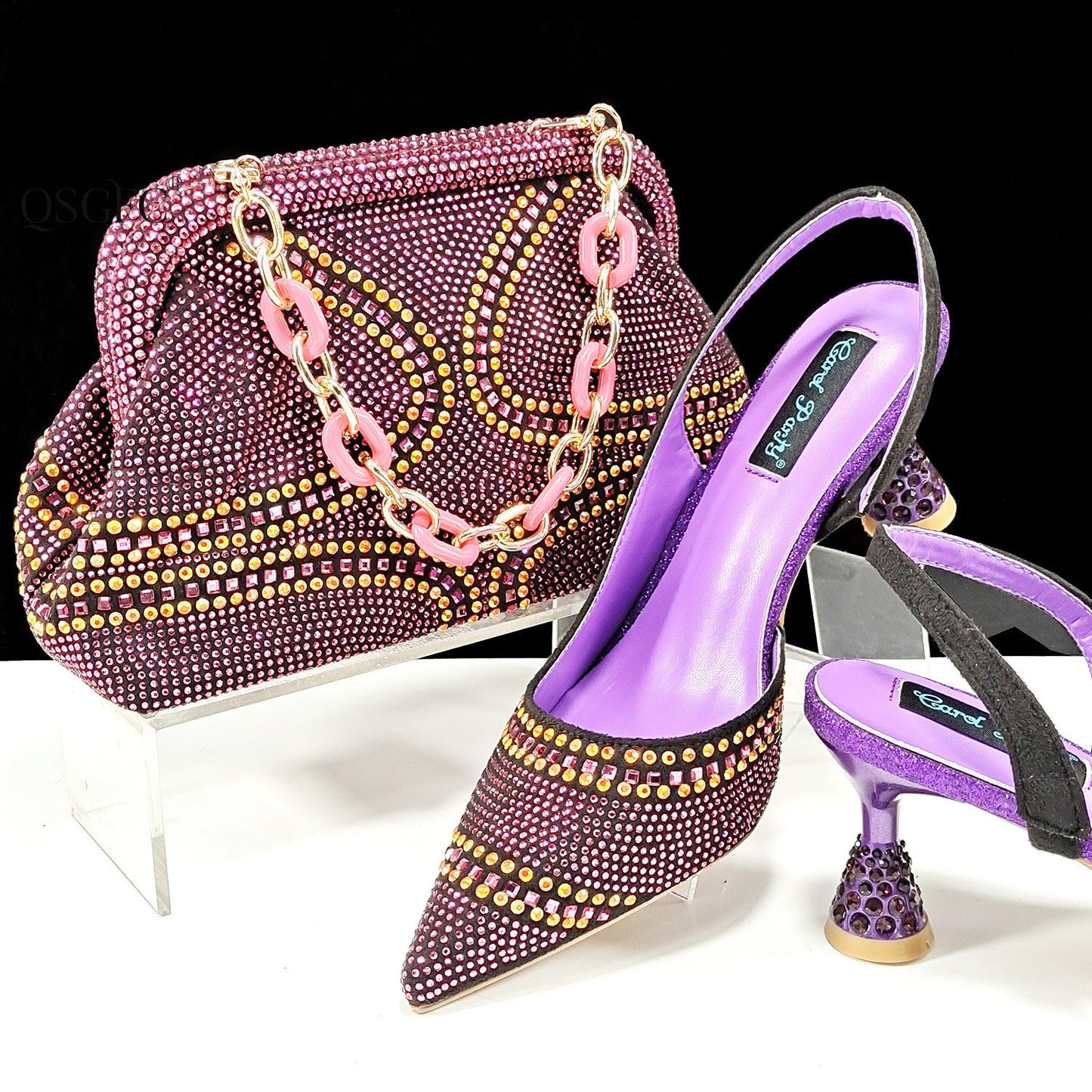 Conjunto de zapatos y bolso de punta para mujer - Tacones altos con diamantes de imitación