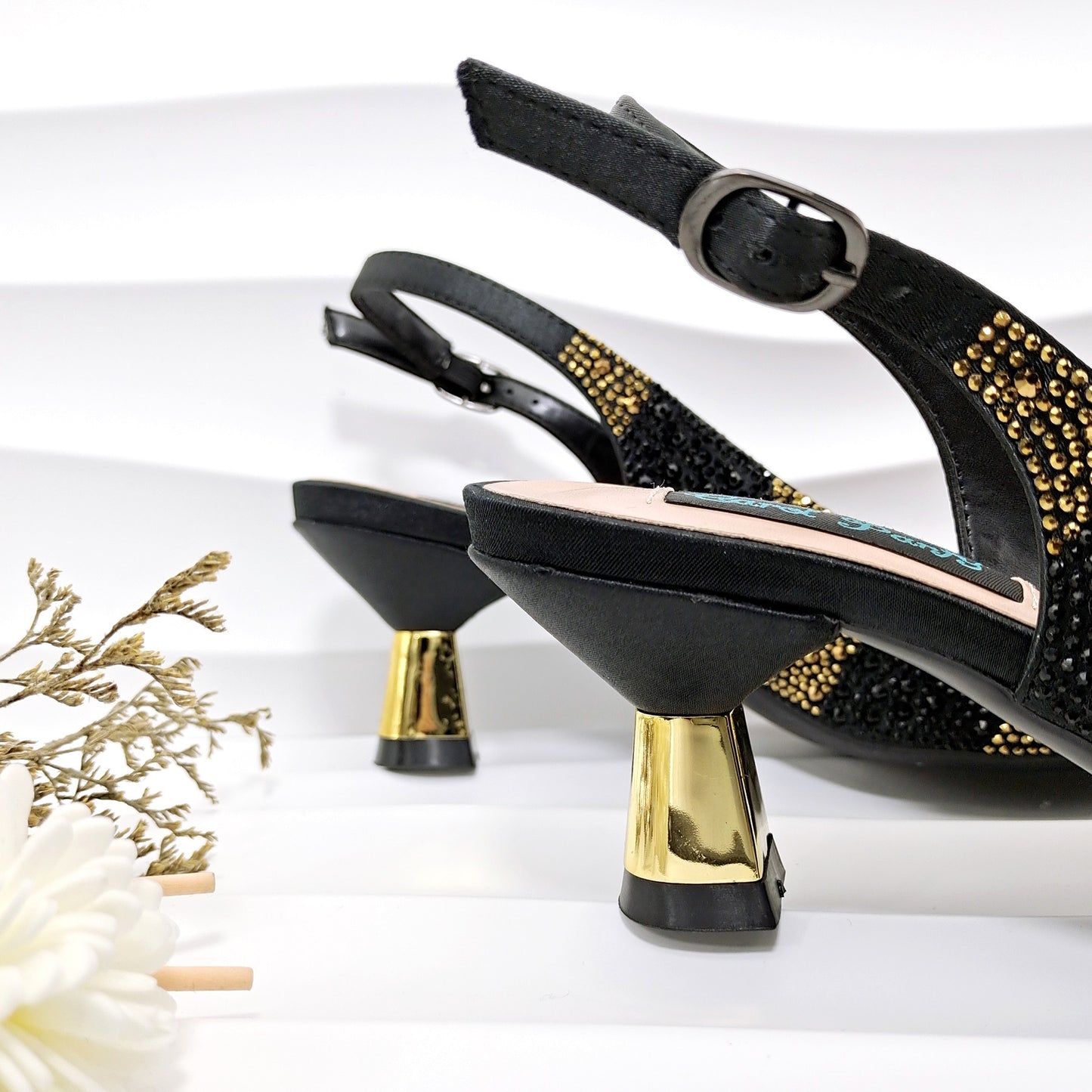 Conjunto de zapatos y bolso de mujer con diamantes de imitación a rayas - Tacones altos para banquete