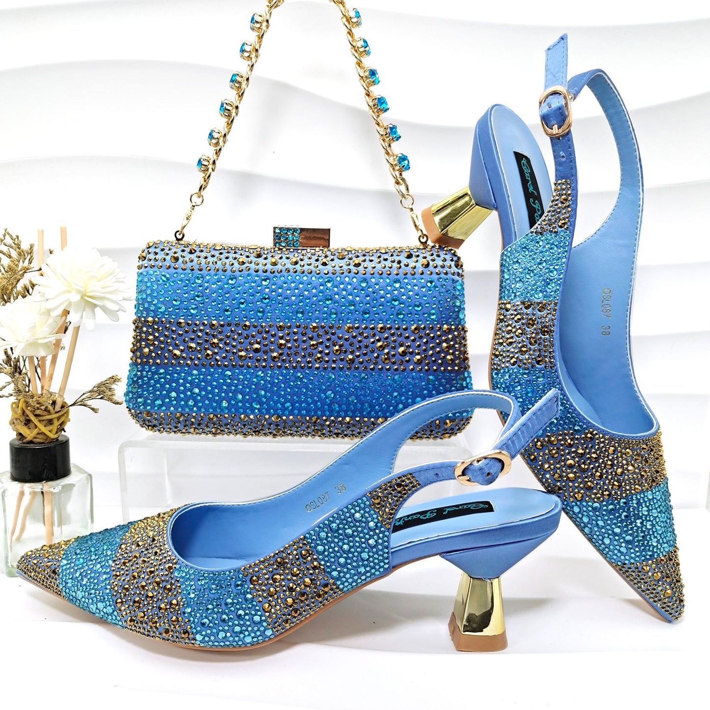 Conjunto de zapatos y bolso de mujer con diamantes de imitación a rayas - Tacones altos para banquete