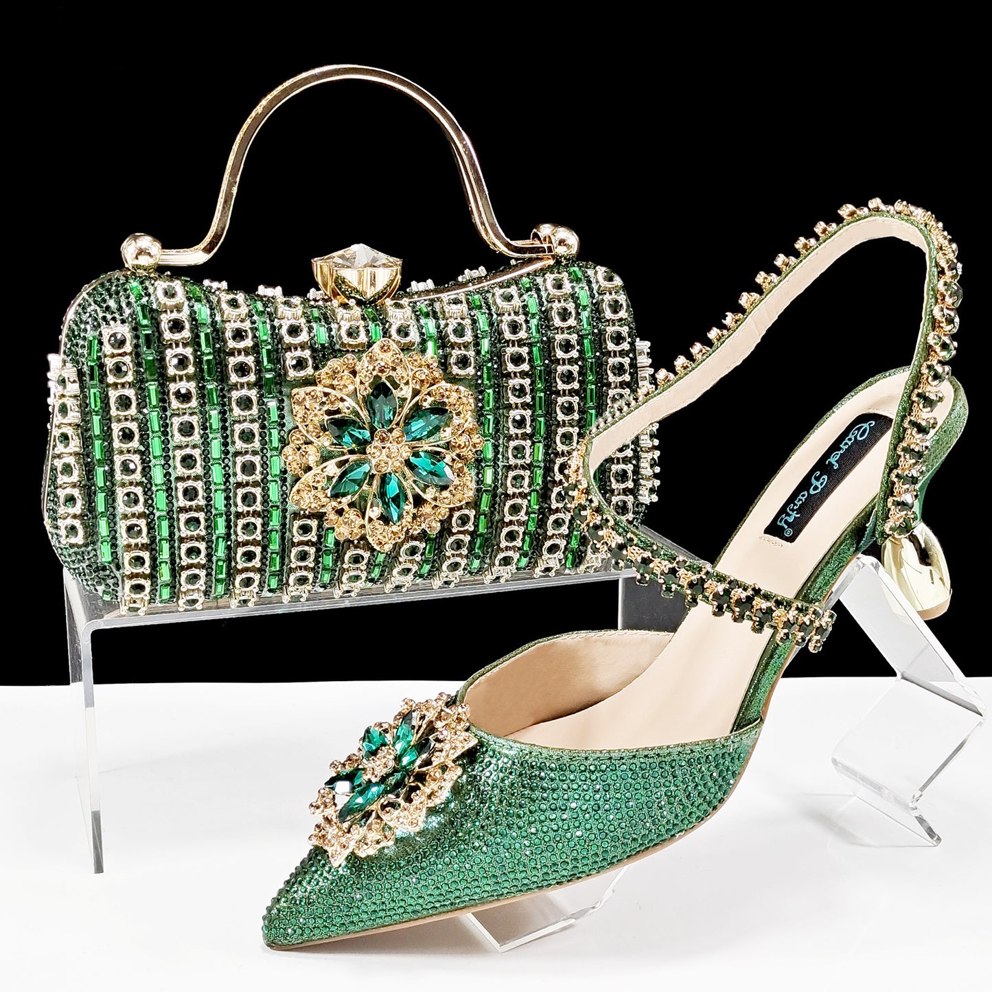 Conjunto de zapatos y bolso con flores de diamantes de imitación para mujer - Tacones altos de noche
