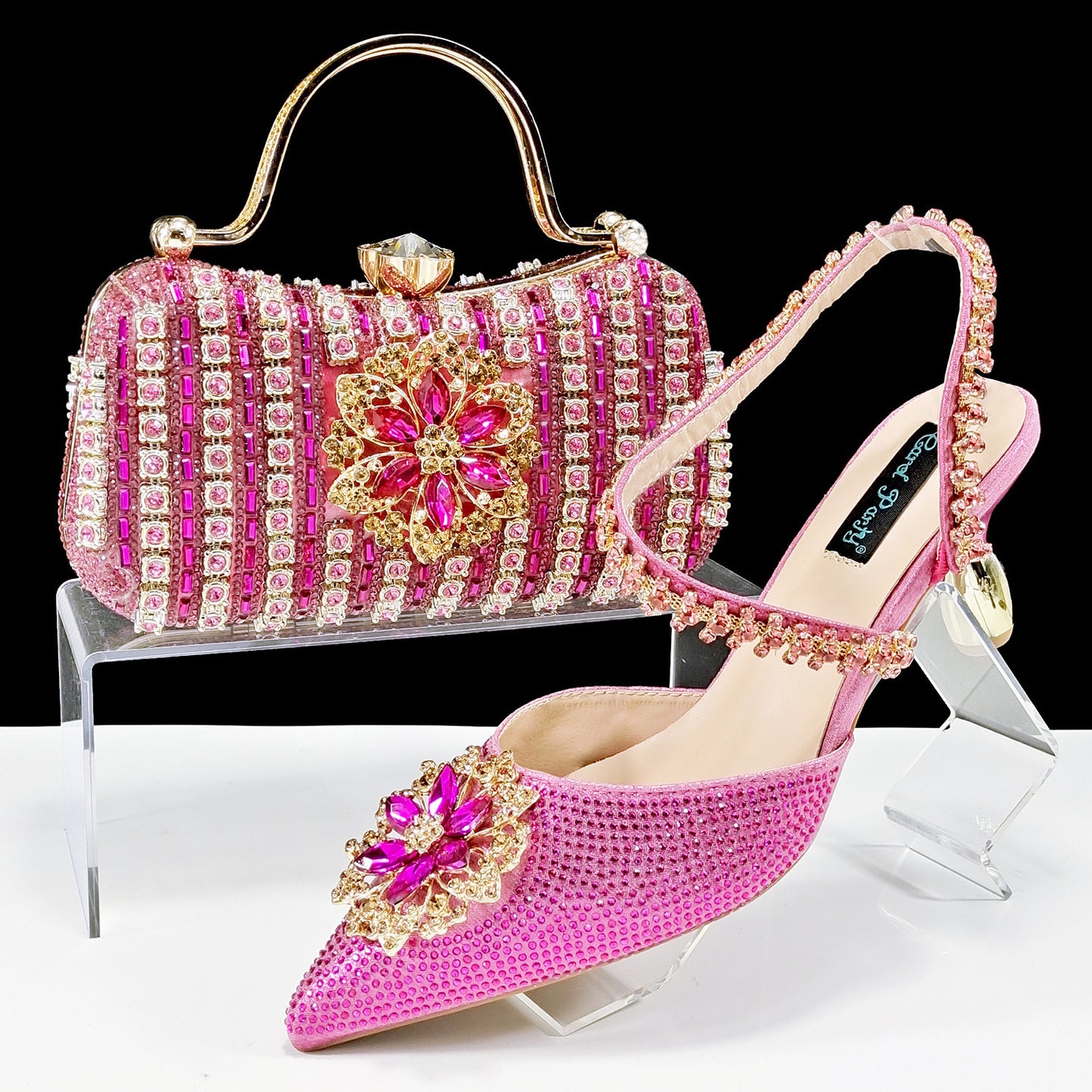 Conjunto de zapatos y bolso con flores de diamantes de imitación para mujer - Tacones altos de noche