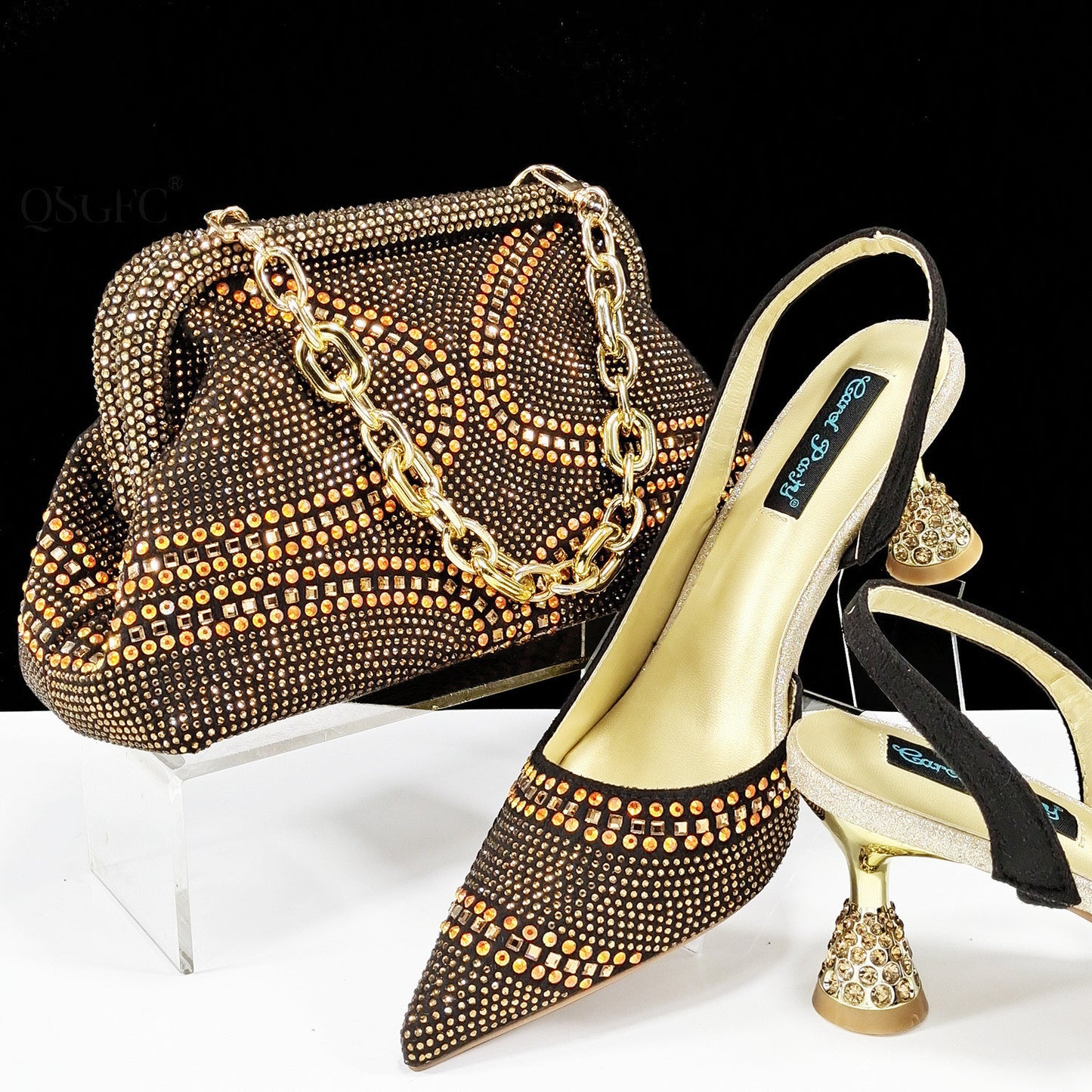 Conjunto de zapatos y bolso de punta para mujer - Tacones altos con diamantes de imitación
