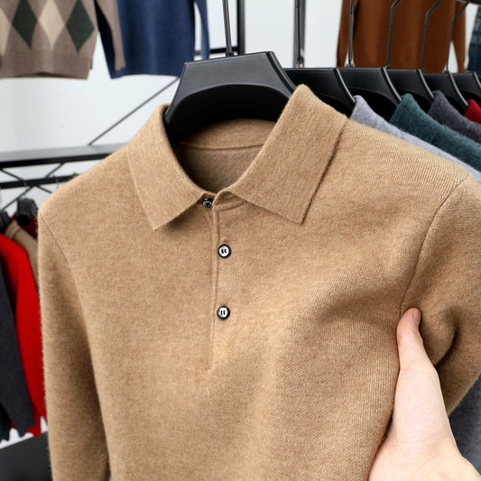 Men's Polo Shirt with Turn-Down Collar and Long Sleeves - Fashion Knit Sweater
