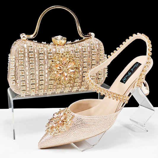 Ensemble Chaussures Sac Femme Strass Fleurs - Talons Hauts Soirée