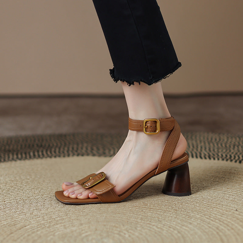 Sandalias de tacón retro para mujer - Punta cuadrada con tira al tobillo elegante