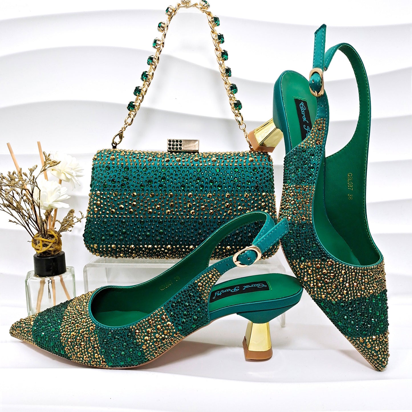 Conjunto de zapatos y bolso de mujer con diamantes de imitación a rayas - Tacones altos para banquete