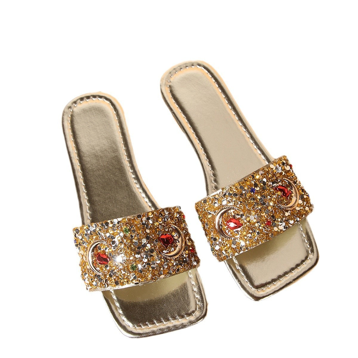 Sandalias planas informales con lentejuelas y diamantes de imitación para mujer - Mules dorados