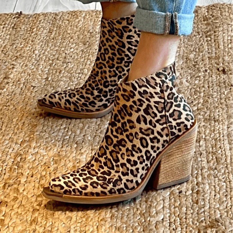 Botines de leopardo para mujer, puntiagudos, tacones altos, cremallera trasera, tendencia