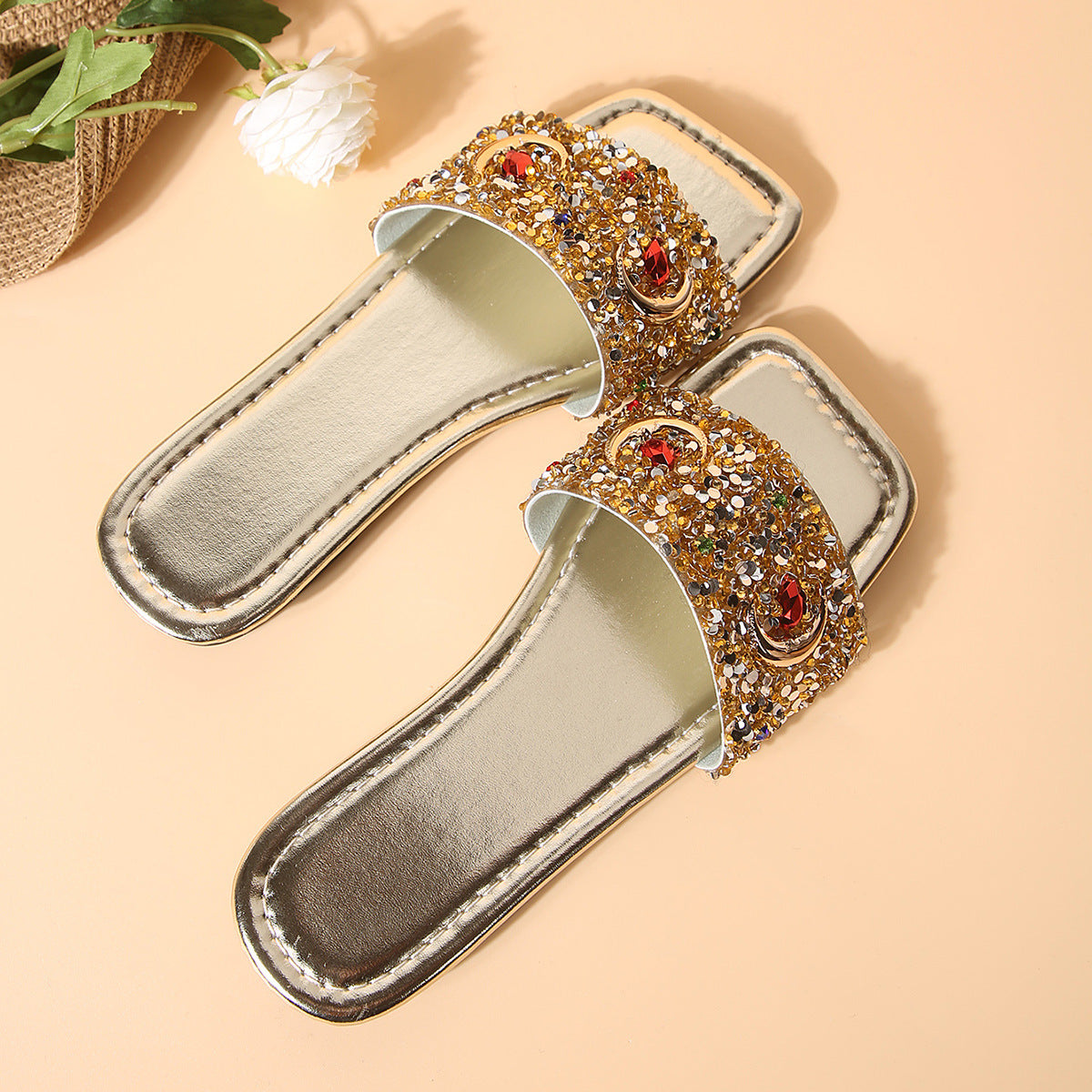 Sandalias planas informales con lentejuelas y diamantes de imitación para mujer - Mules dorados