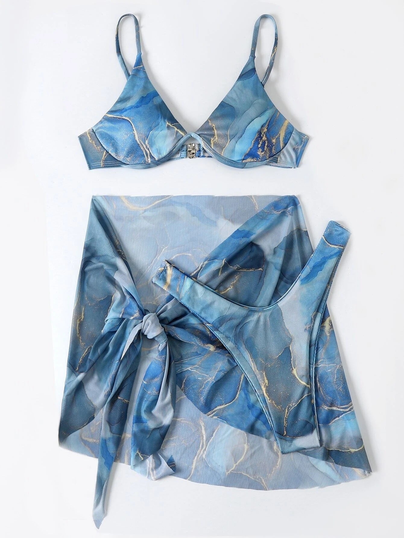 Bikini 3 Pièces Imprimé Marbre - Maillot de Bain Femme Été