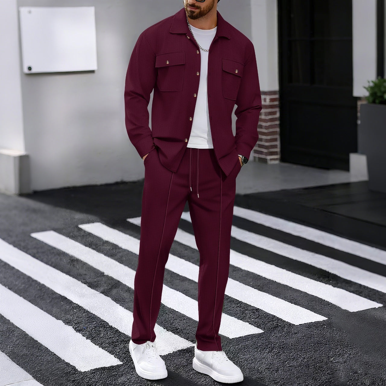 Men's Casual Waffle Set - Shirt and Pants