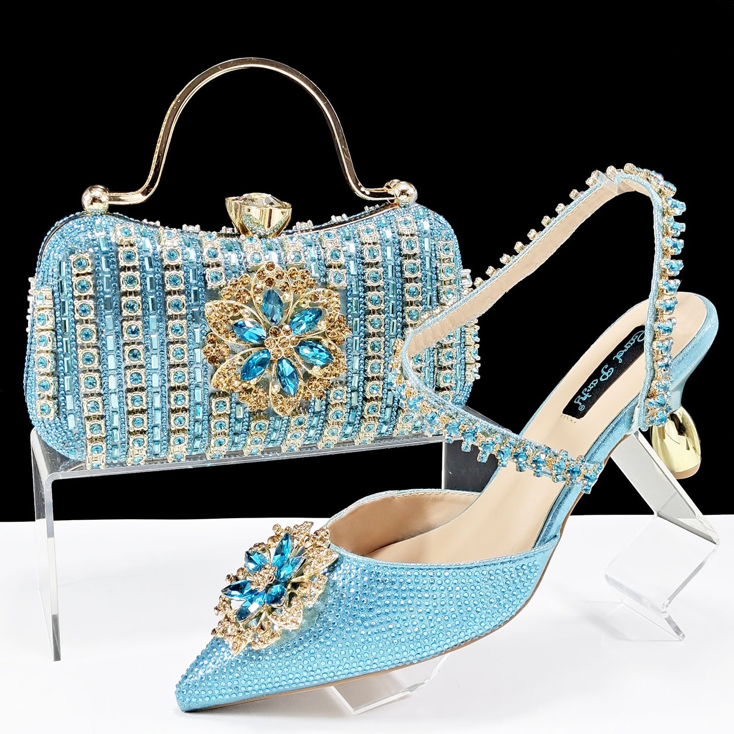 Conjunto de zapatos y bolso con flores de diamantes de imitación para mujer - Tacones altos de noche