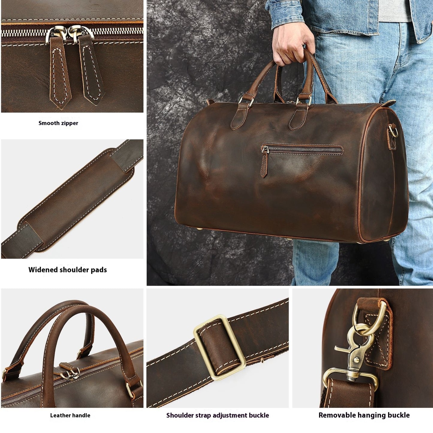 Bolso de viaje vintage de cuero de gran capacidad con bandolera