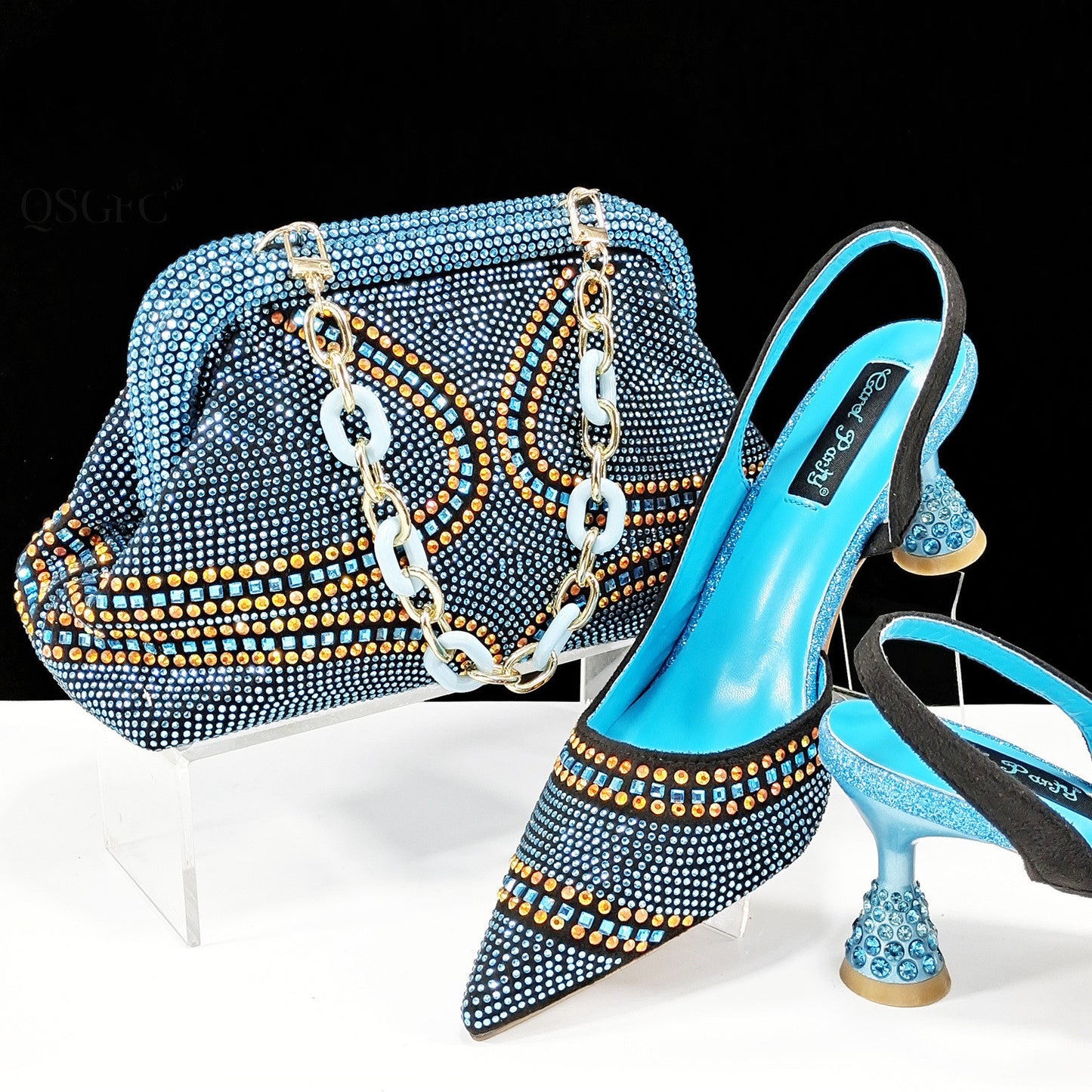 Conjunto de zapatos y bolso de punta para mujer - Tacones altos con diamantes de imitación