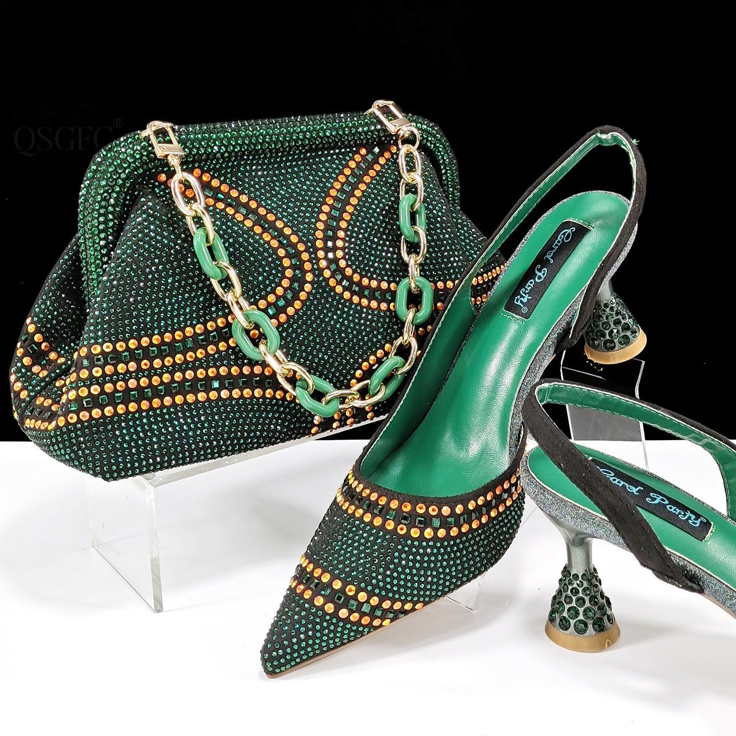 Conjunto de zapatos y bolso de punta para mujer - Tacones altos con diamantes de imitación