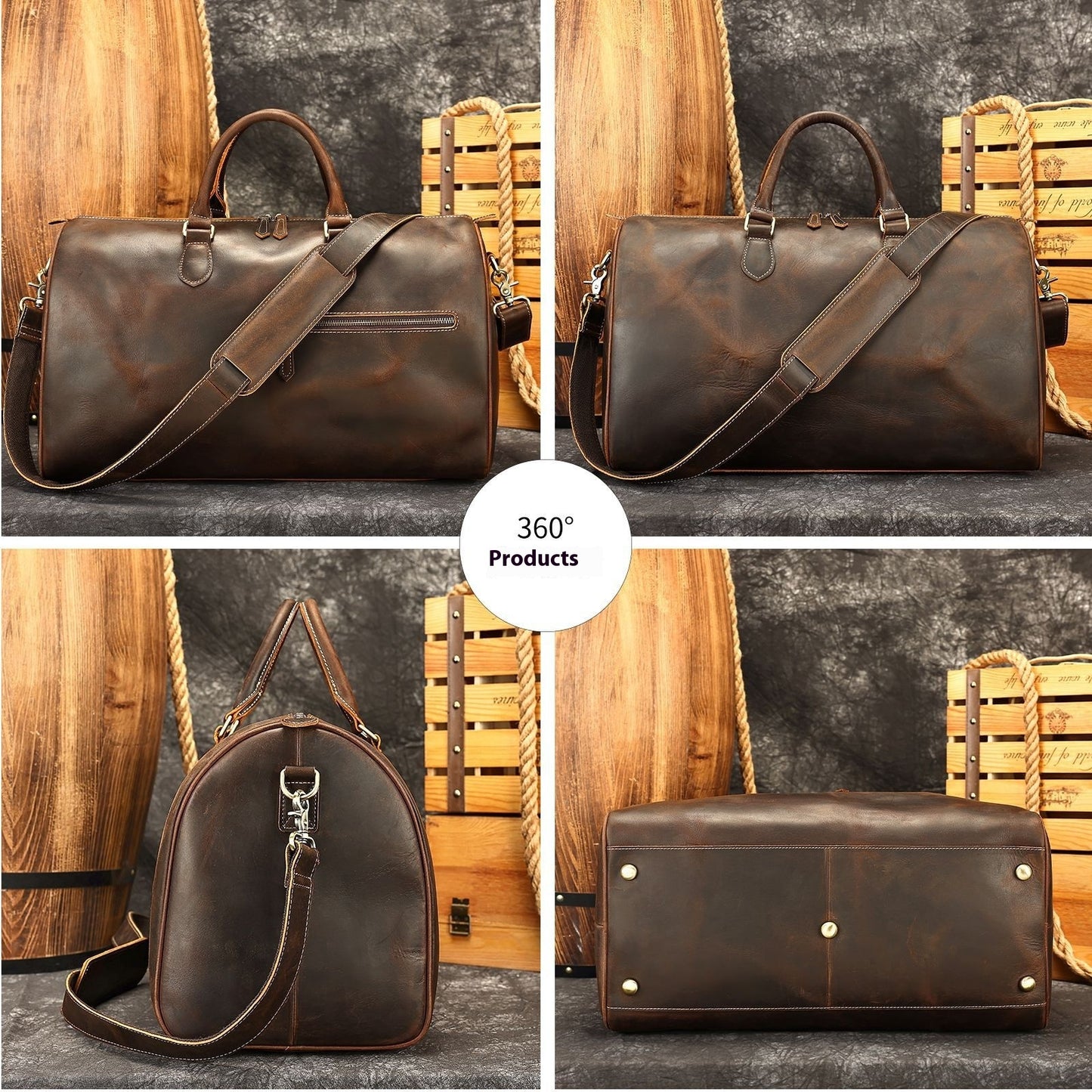 Bolso de viaje vintage de cuero de gran capacidad con bandolera