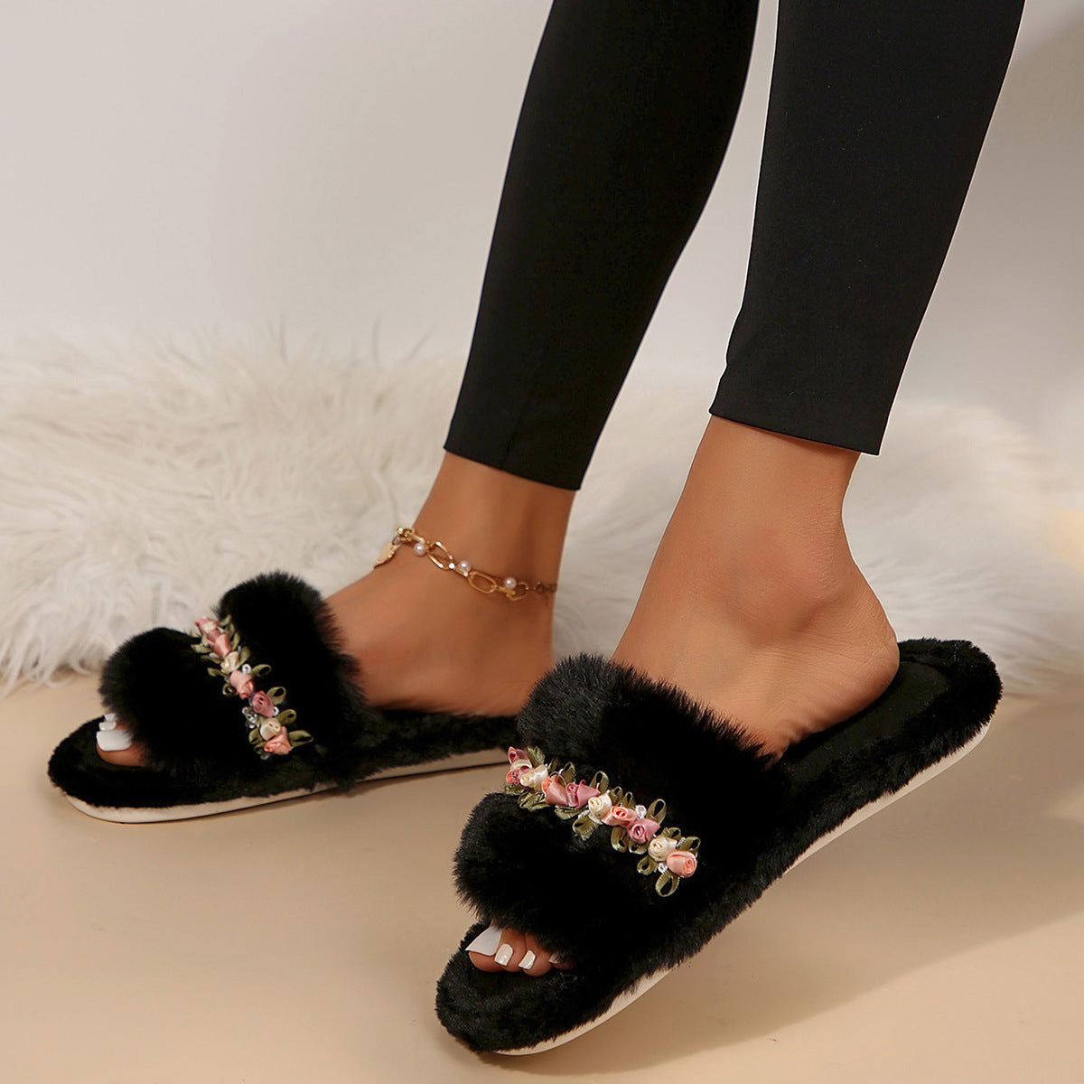 Pantuflas suaves con estampado floral para mujer - Pantuflas de algodón cómodas para estar en casa