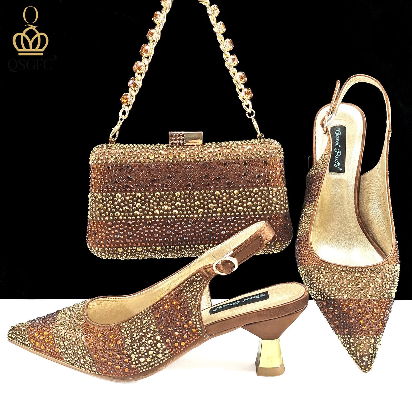 Conjunto de zapatos y bolso de mujer con diamantes de imitación a rayas - Tacones altos para banquete