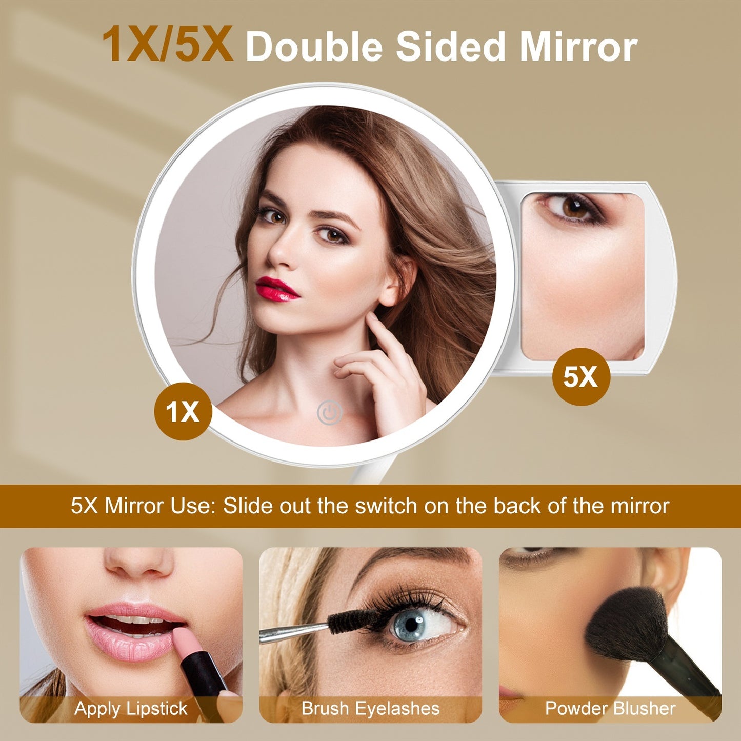 Miroir Maquillage Lumineux Grossissant 5X LED Rechargeable