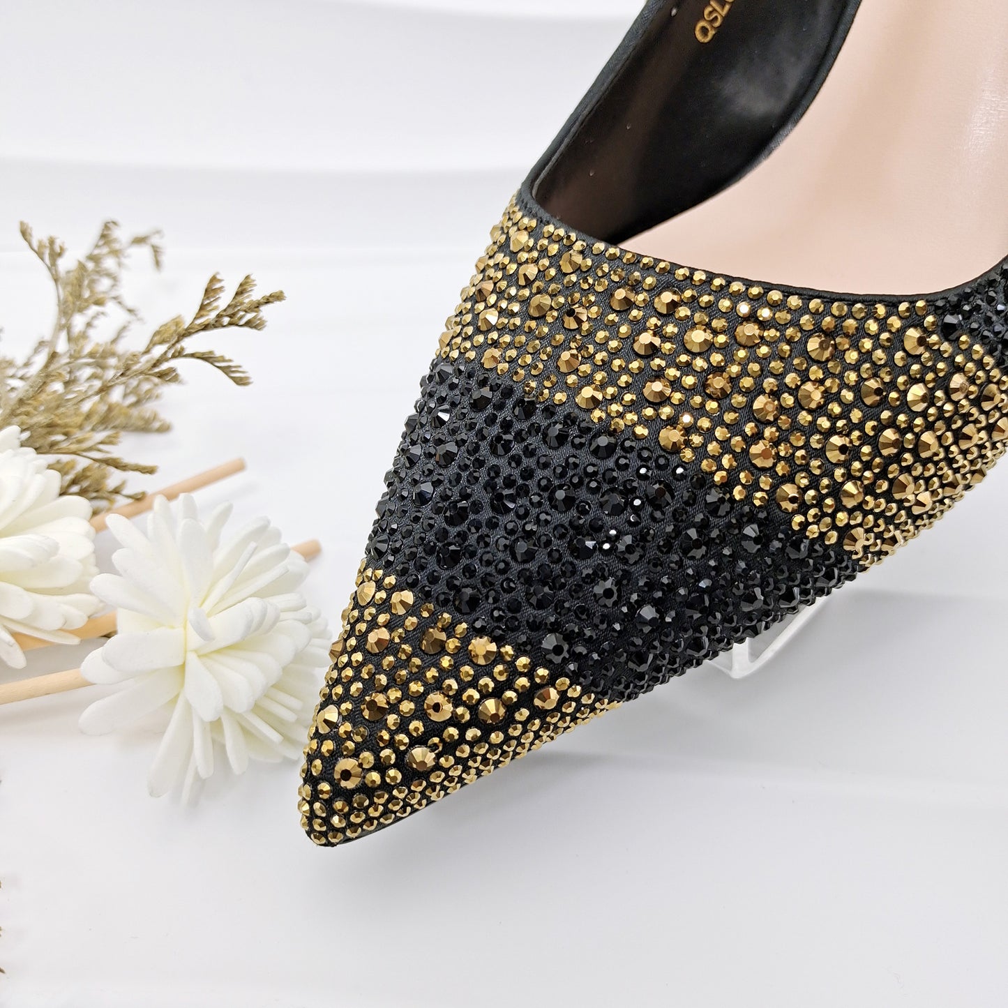 Conjunto de zapatos y bolso de mujer con diamantes de imitación a rayas - Tacones altos para banquete