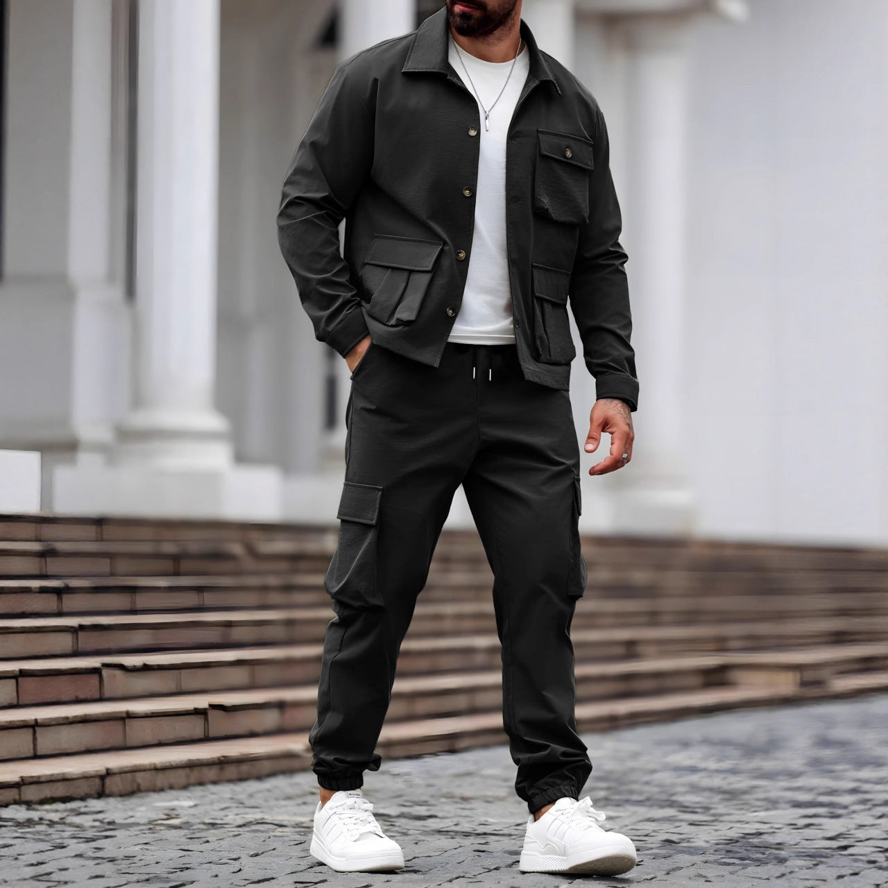 Vintage Cargo Men's Set - Multi-Pocket Jacket and Shorts