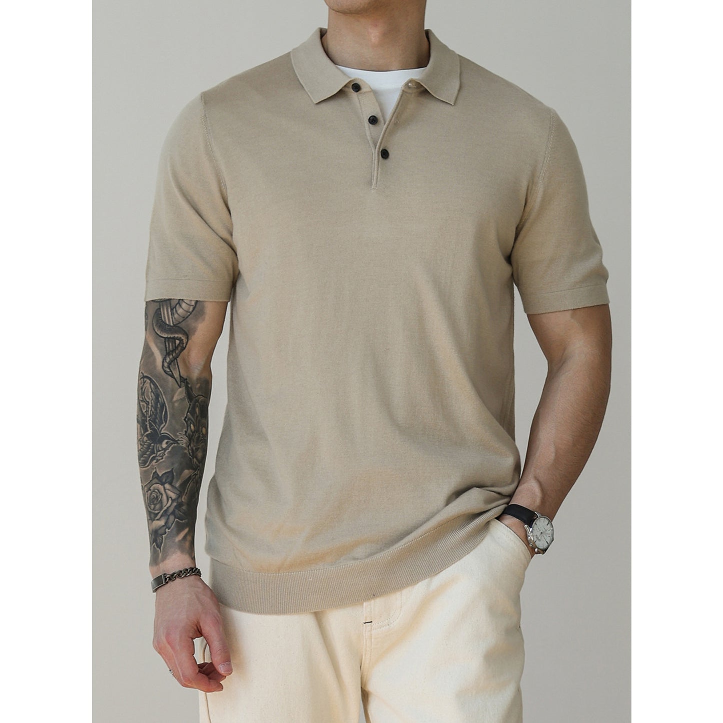 Polo de punto de manga corta con cuello tipo polo para hombre - Camiseta informal de verano
