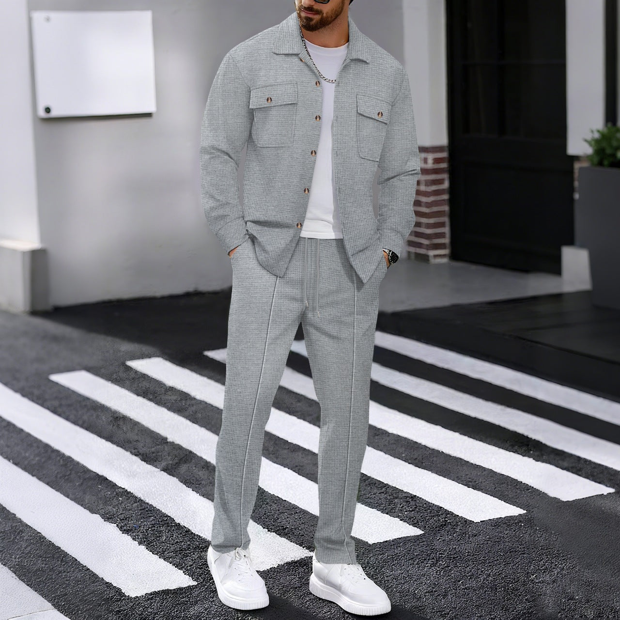 Men's Casual Waffle Set - Shirt and Pants