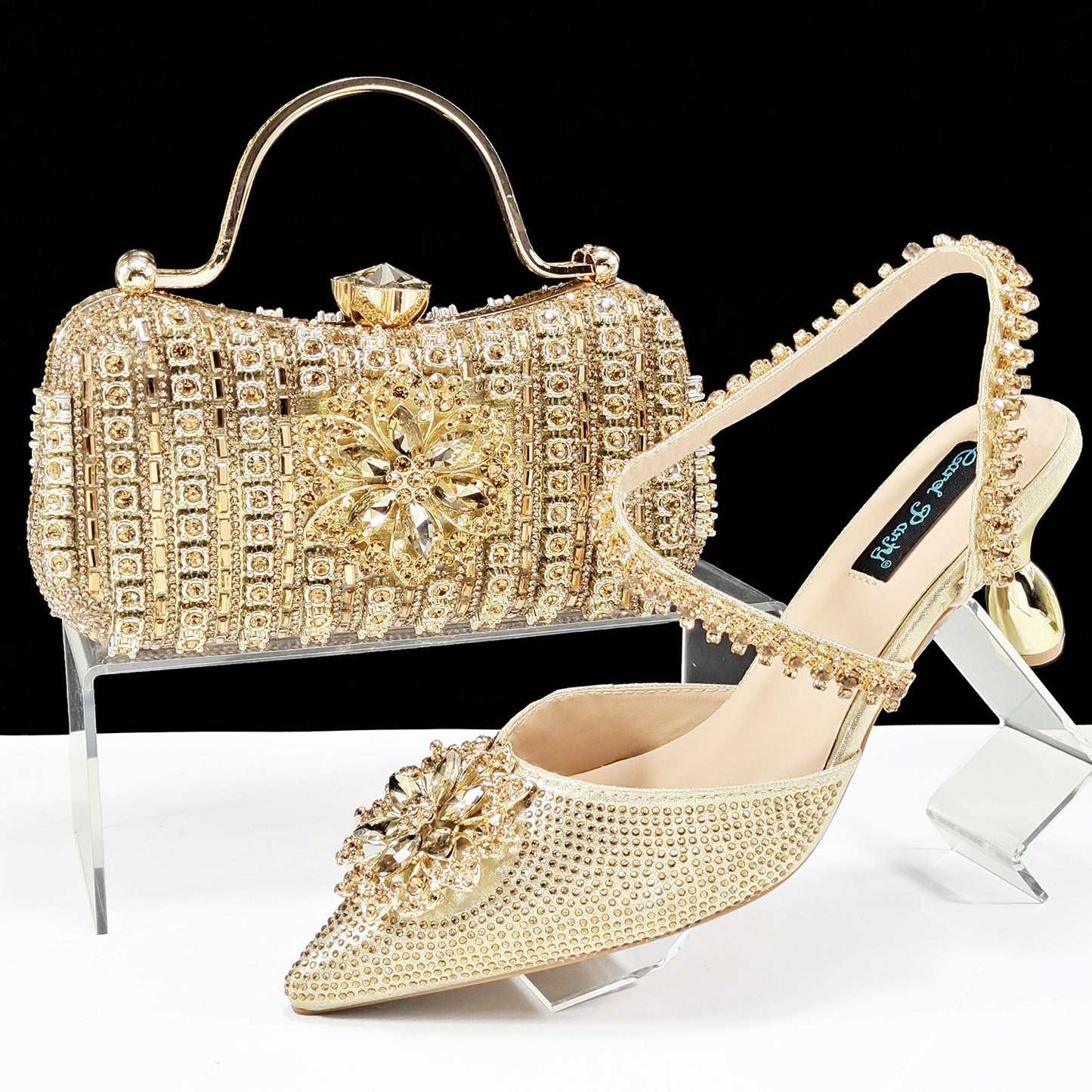 Conjunto de zapatos y bolso con flores de diamantes de imitación para mujer - Tacones altos de noche