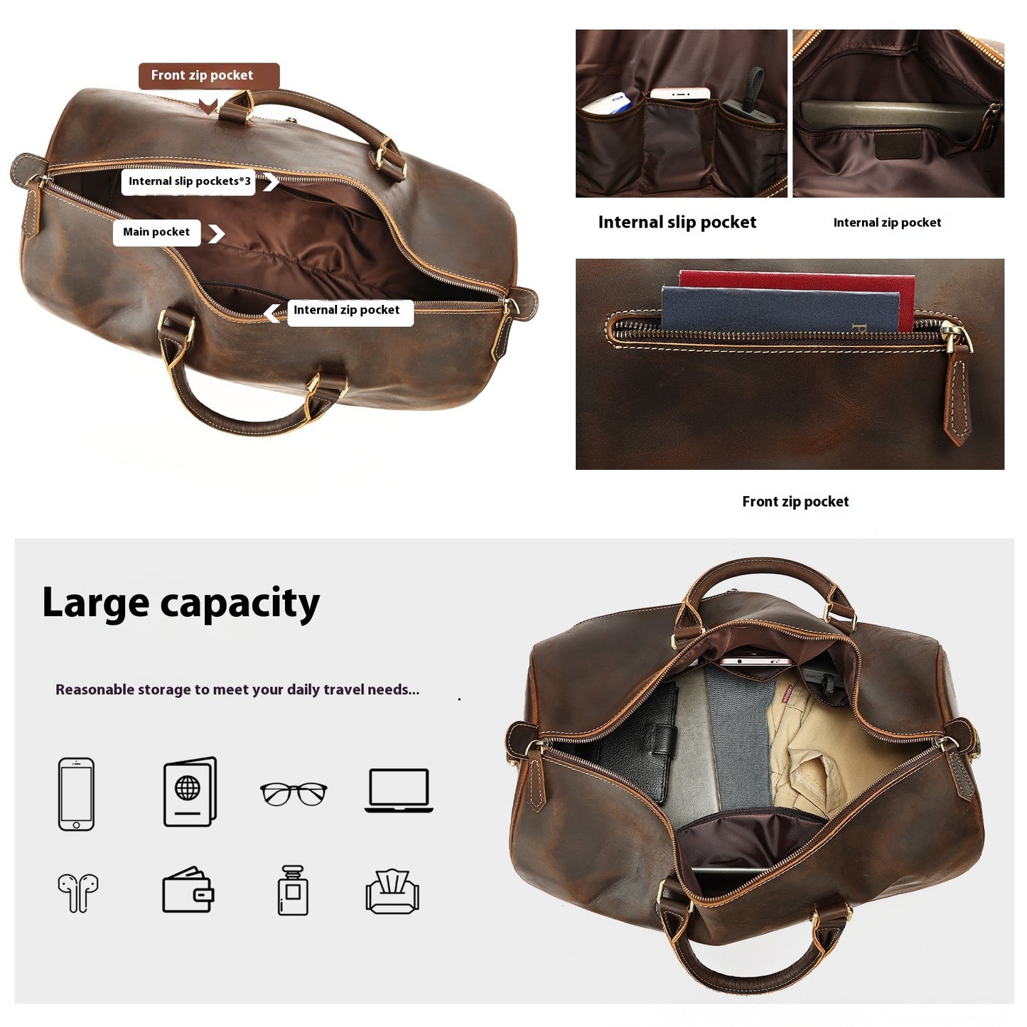 Bolso de viaje vintage de cuero de gran capacidad con bandolera