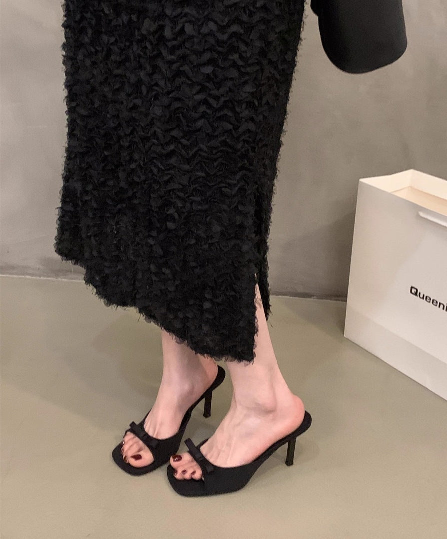 Mules de mujer con lazo, tacón de aguja y punta cuadrada - Elegante y chic