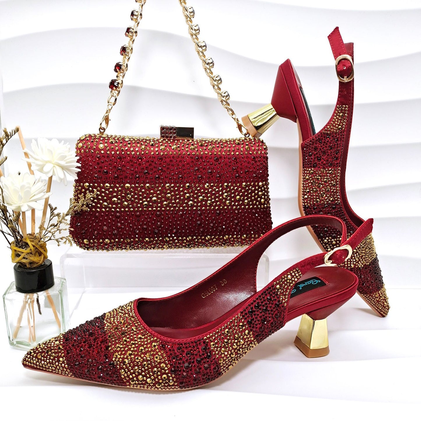 Conjunto de zapatos y bolso de mujer con diamantes de imitación a rayas - Tacones altos para banquete