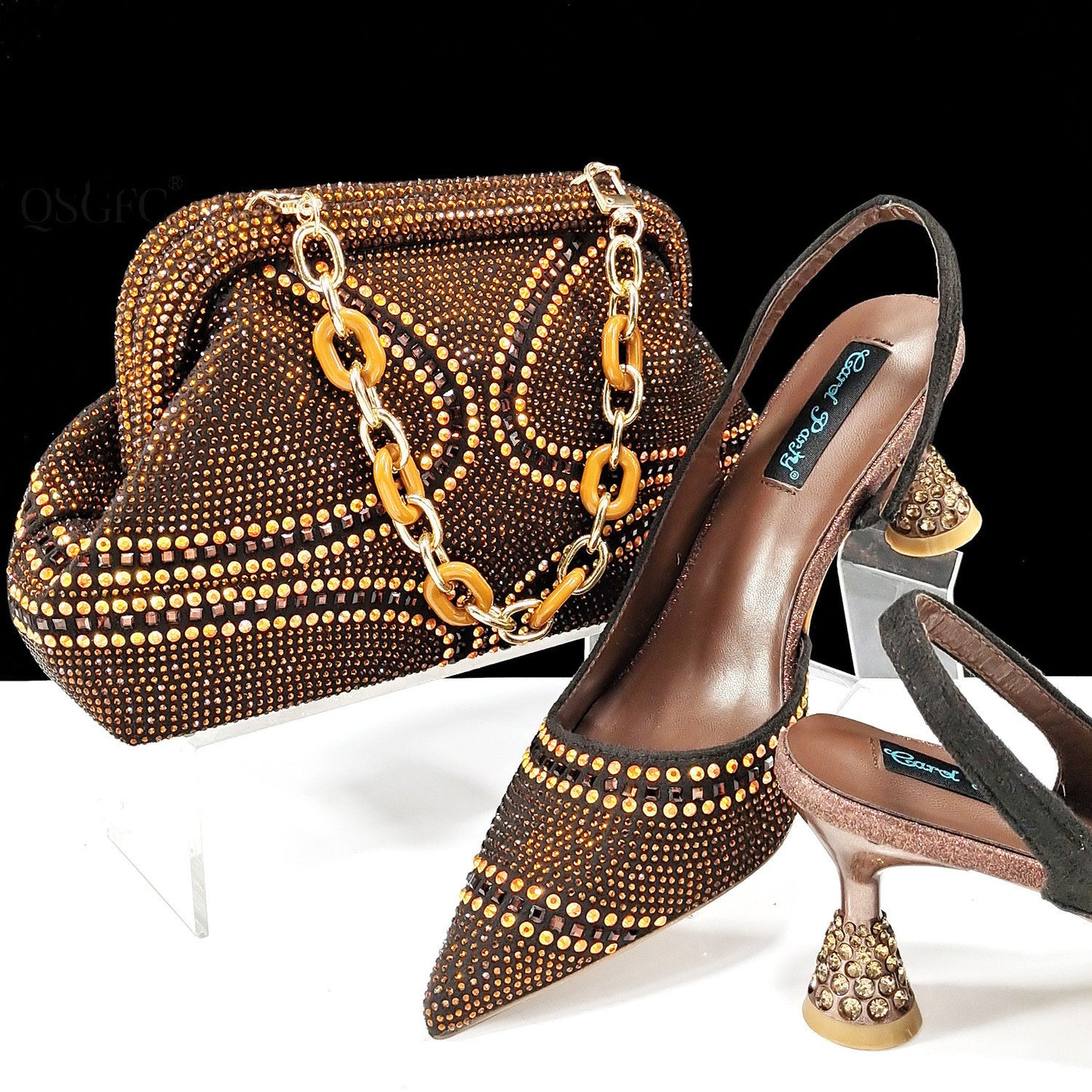 Conjunto de zapatos y bolso de punta para mujer - Tacones altos con diamantes de imitación
