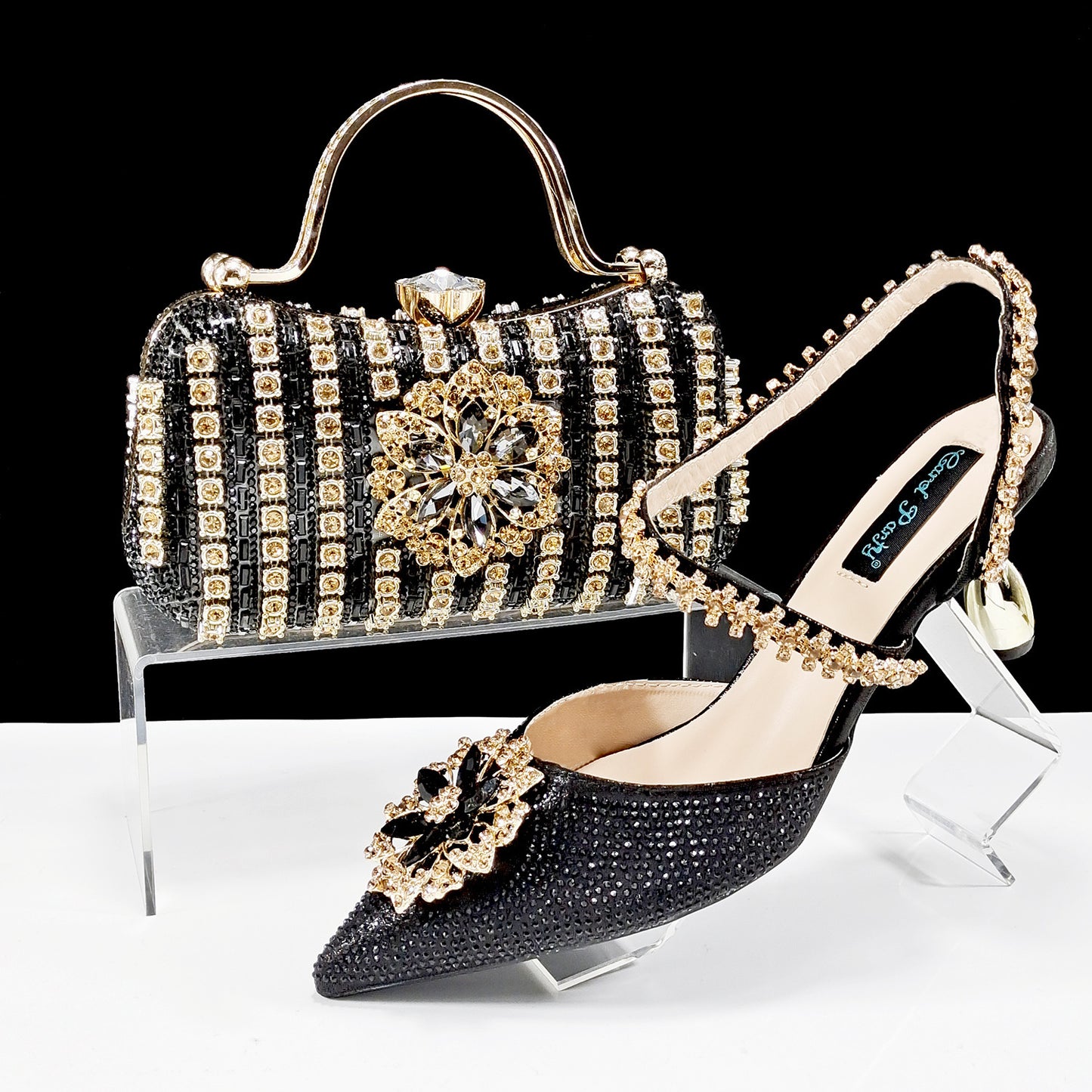 Conjunto de zapatos y bolso con flores de diamantes de imitación para mujer - Tacones altos de noche