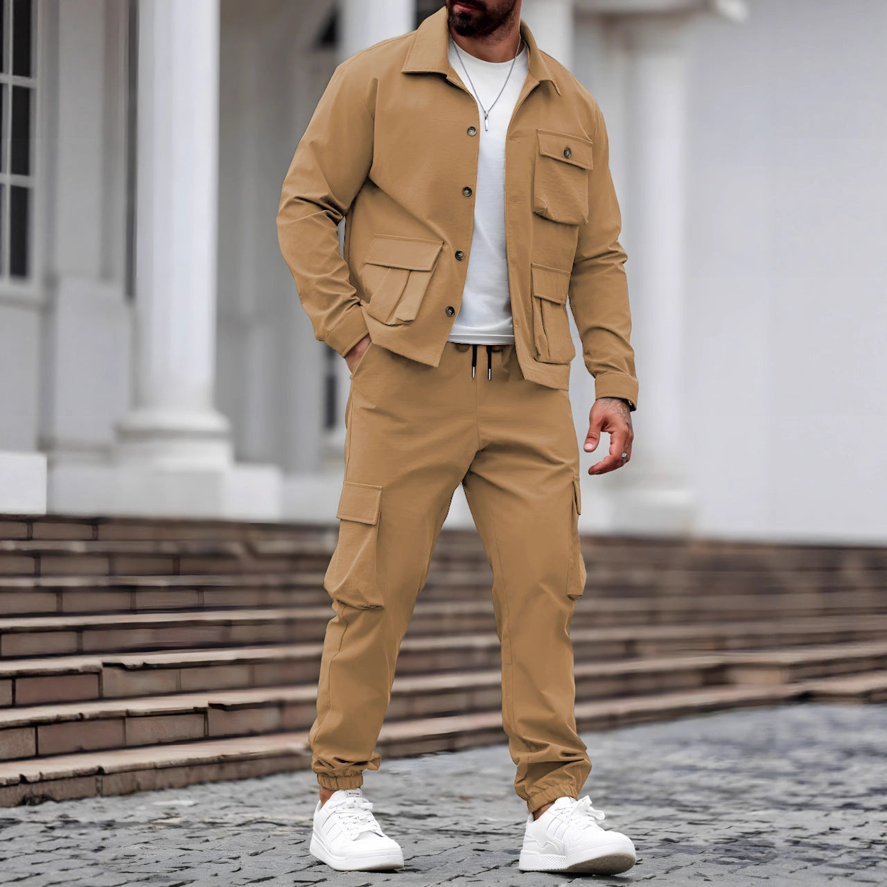Vintage Cargo Men's Set - Multi-Pocket Jacket and Shorts