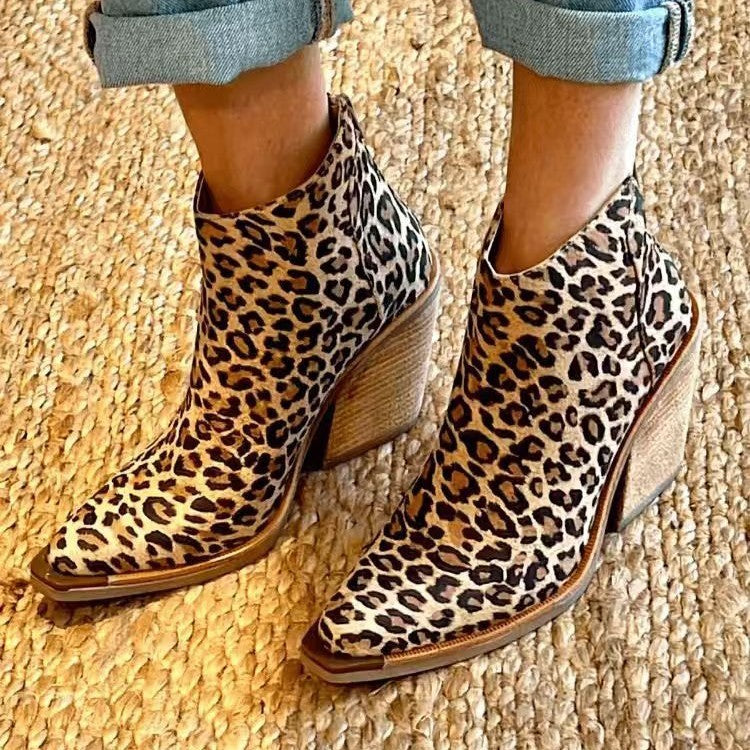 Botines de leopardo para mujer, puntiagudos, tacones altos, cremallera trasera, tendencia