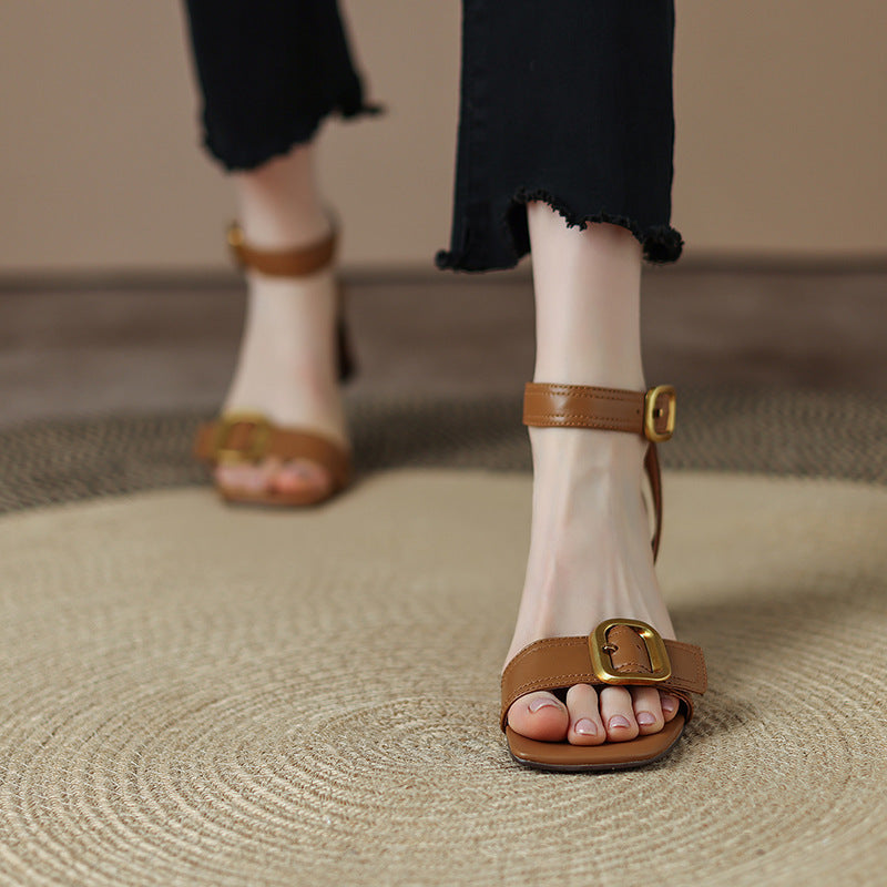 Sandalias de tacón retro para mujer - Punta cuadrada con tira al tobillo elegante