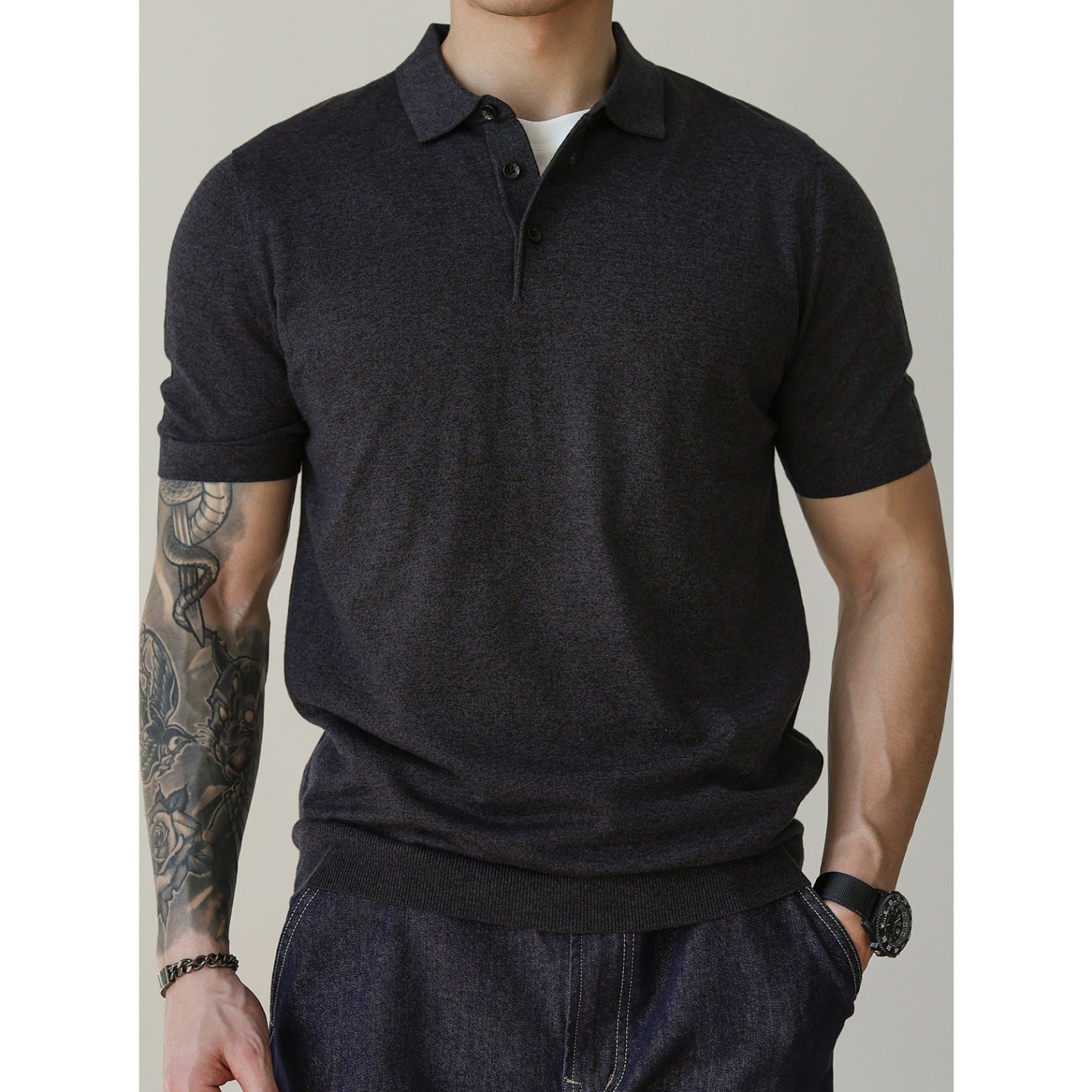 Polo de punto de manga corta con cuello tipo polo para hombre - Camiseta informal de verano