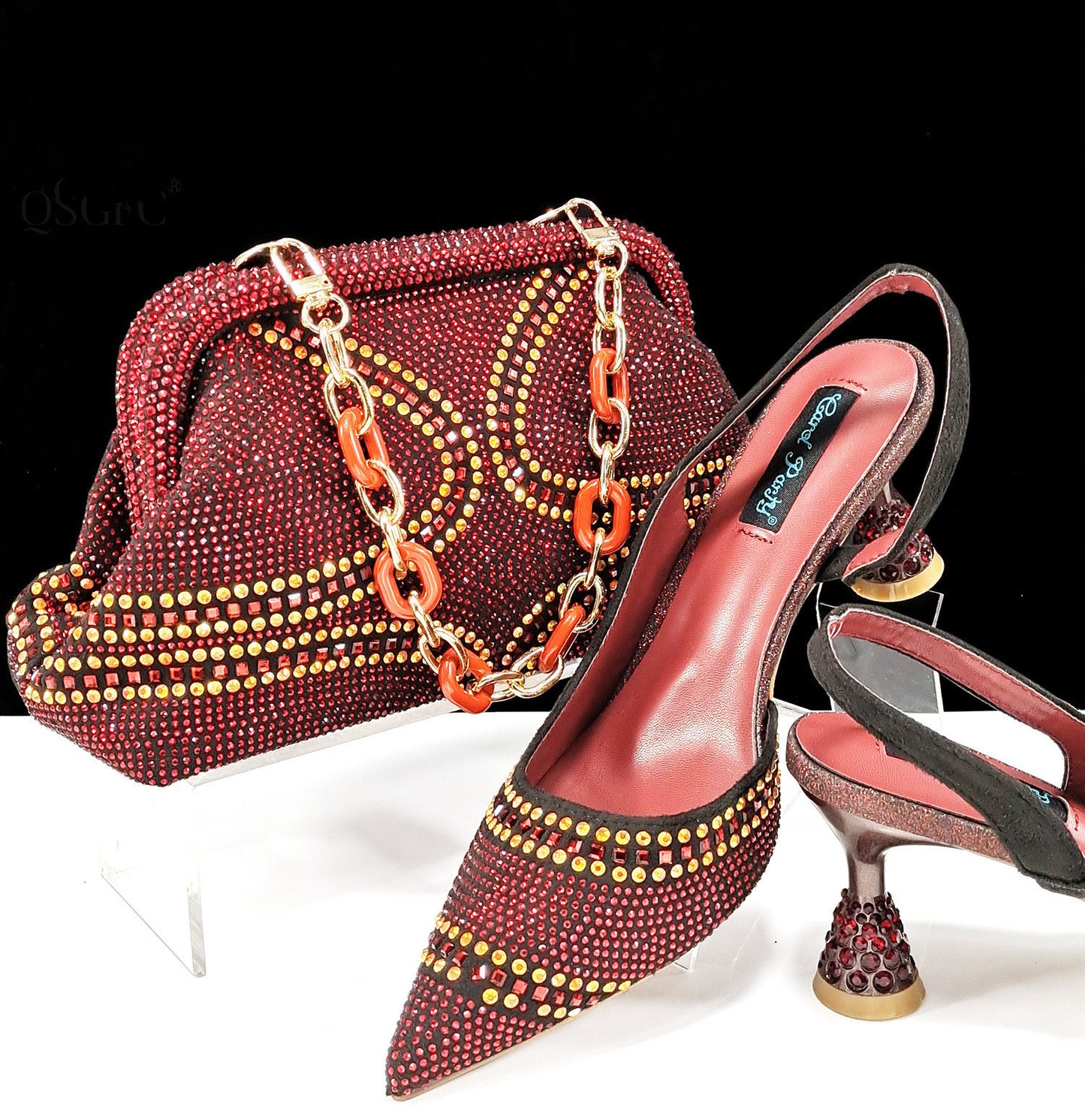 Conjunto de zapatos y bolso de punta para mujer - Tacones altos con diamantes de imitación