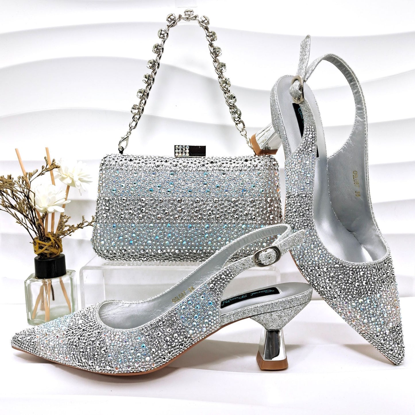 Conjunto de zapatos y bolso de mujer con diamantes de imitación a rayas - Tacones altos para banquete