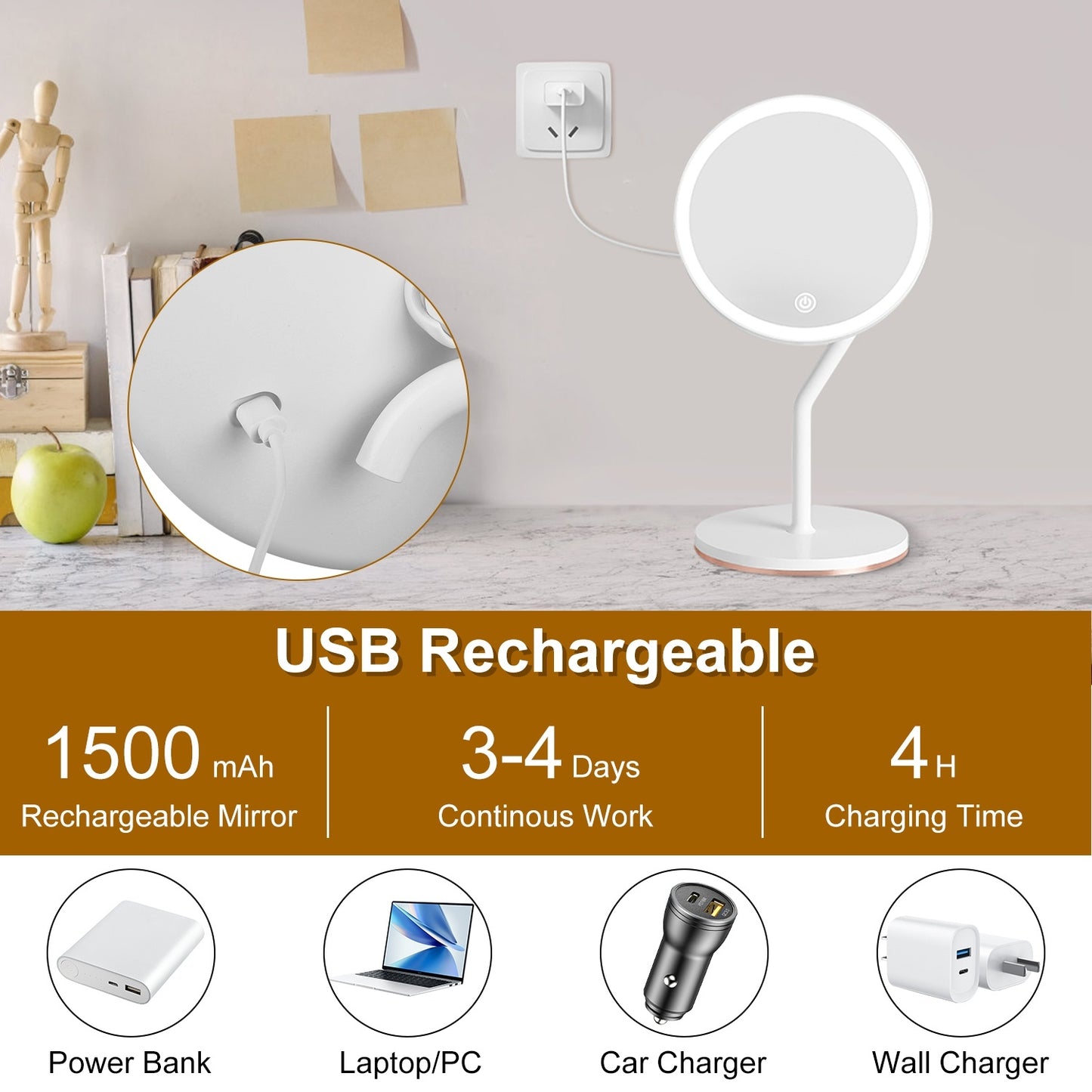 Miroir Maquillage Lumineux Grossissant 5X LED Rechargeable
