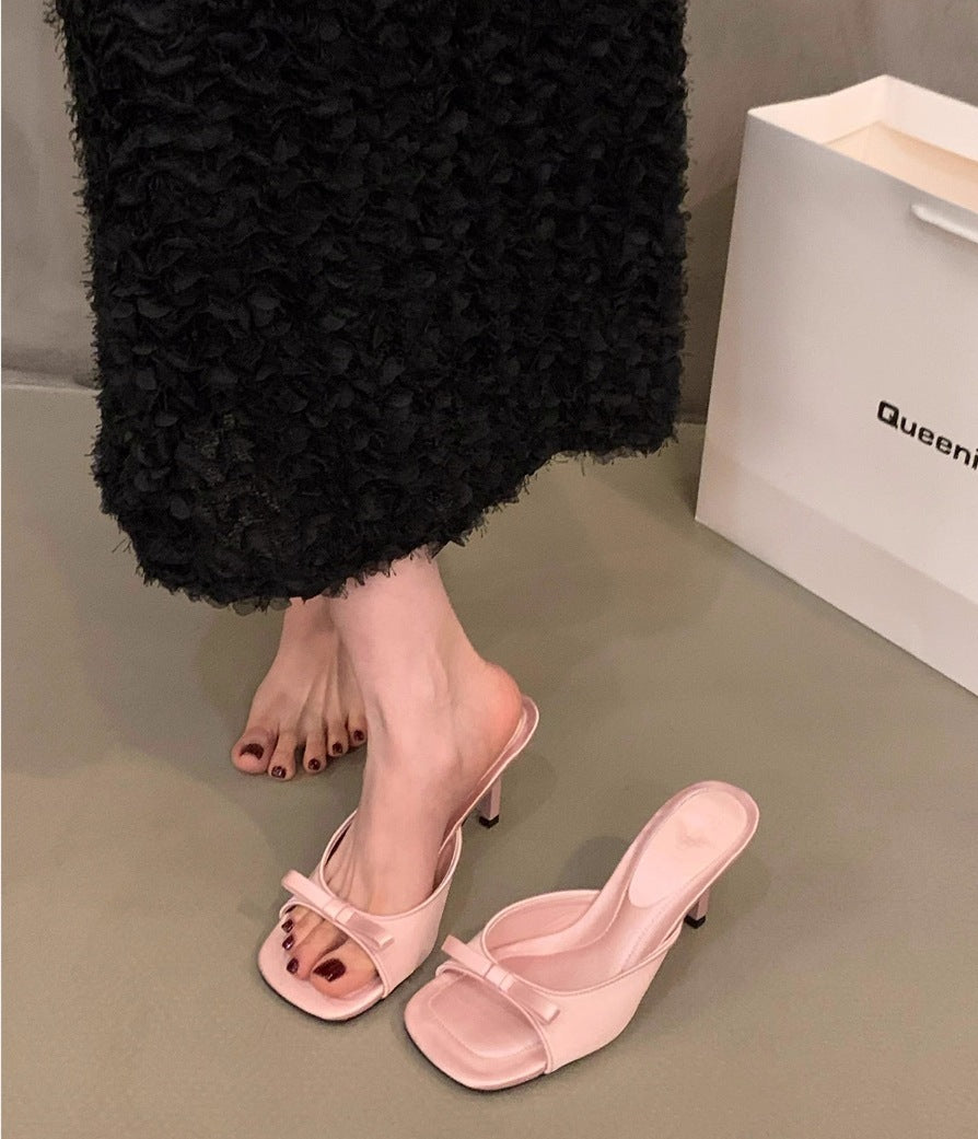 Mules de mujer con lazo, tacón de aguja y punta cuadrada - Elegante y chic