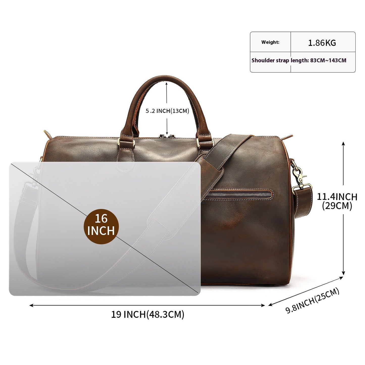 Bolso de viaje vintage de cuero de gran capacidad con bandolera