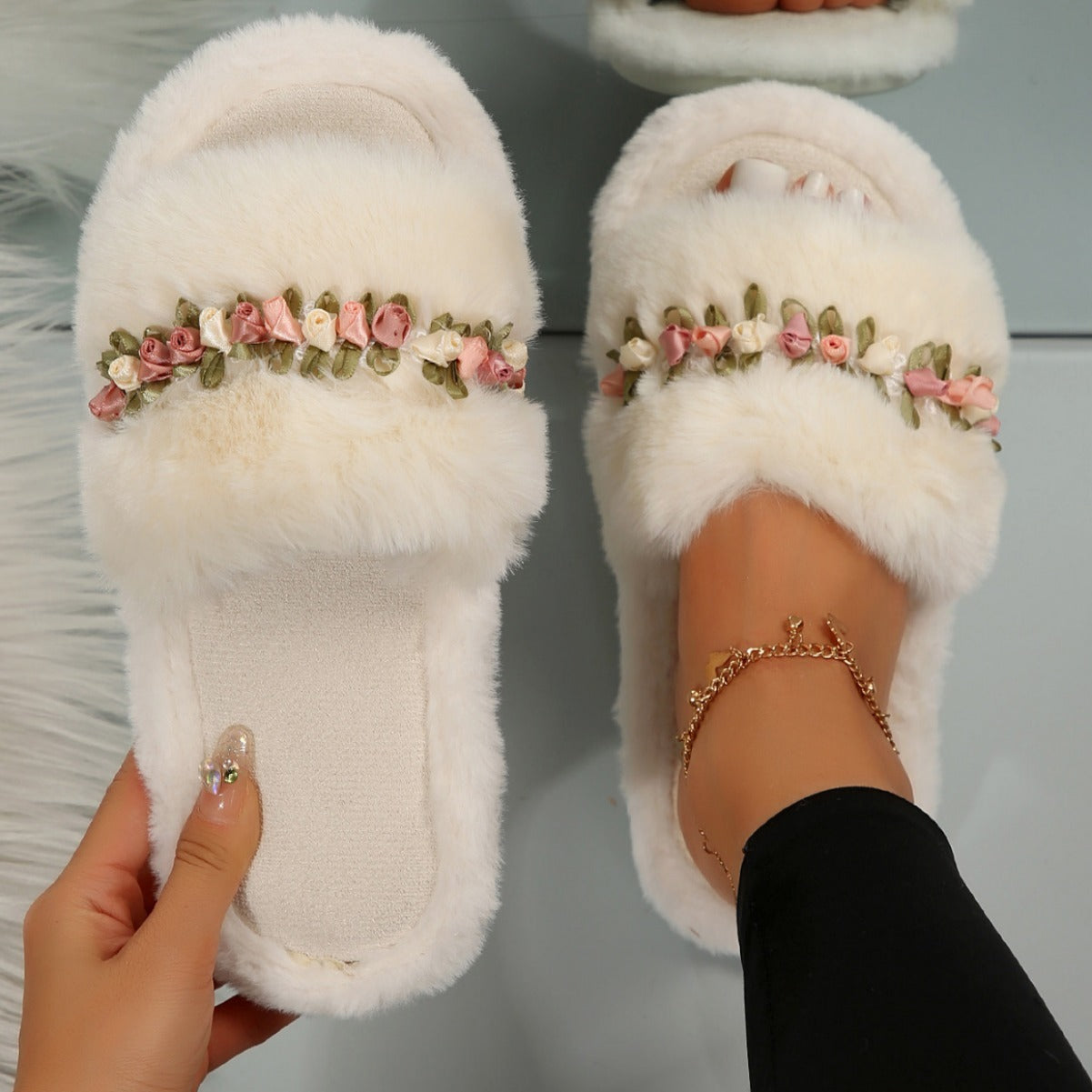 Pantuflas suaves con estampado floral para mujer - Pantuflas de algodón cómodas para estar en casa