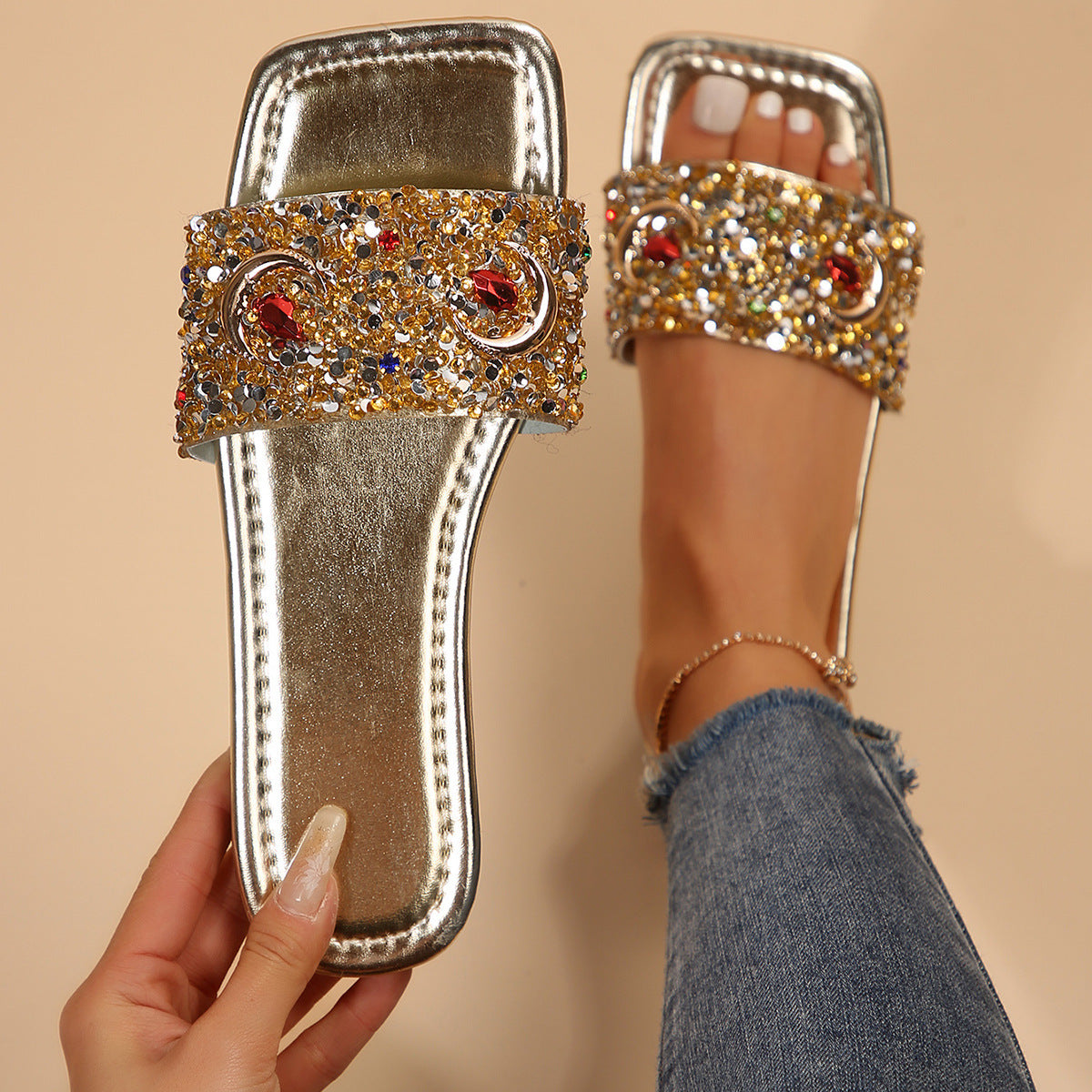 Sandalias planas informales con lentejuelas y diamantes de imitación para mujer - Mules dorados