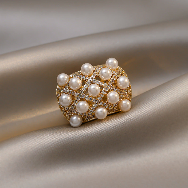 Bague Cuivre Zircon et Perle - Design Unique Ajustable