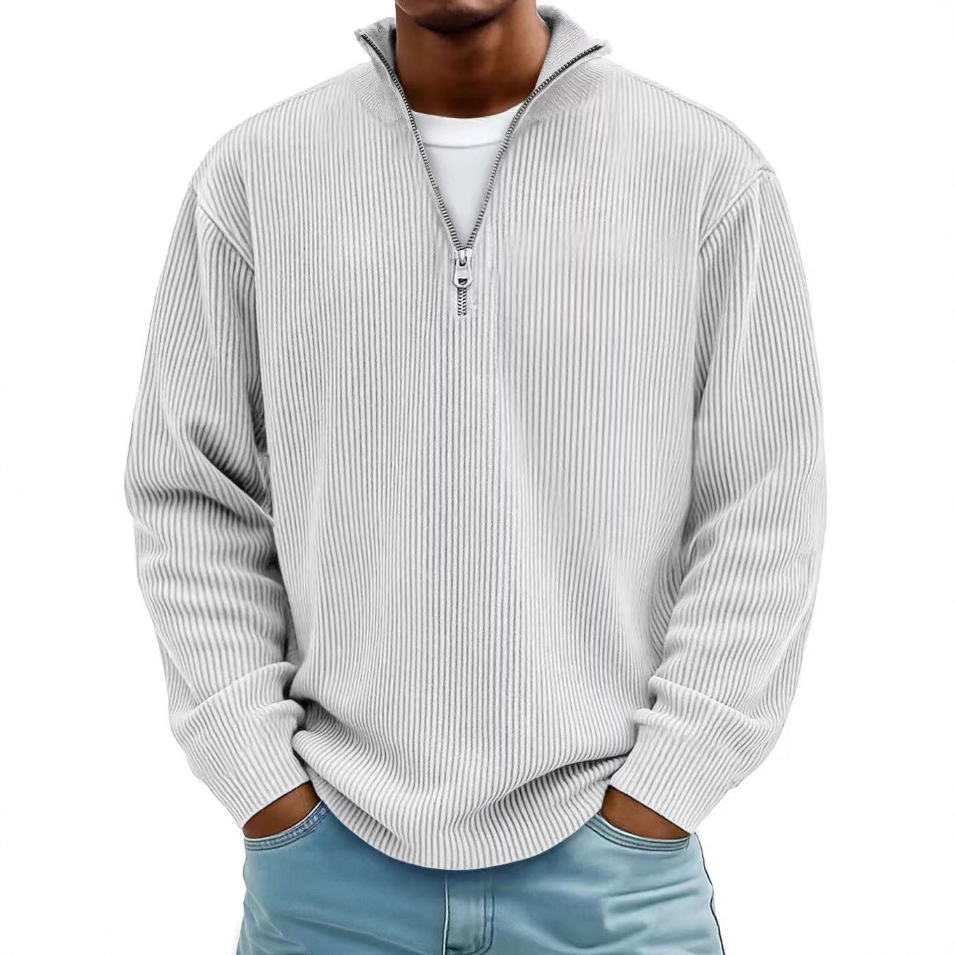 Men's Zip-Up Stand-Up Collar Corduroy Long Sleeve Sweater