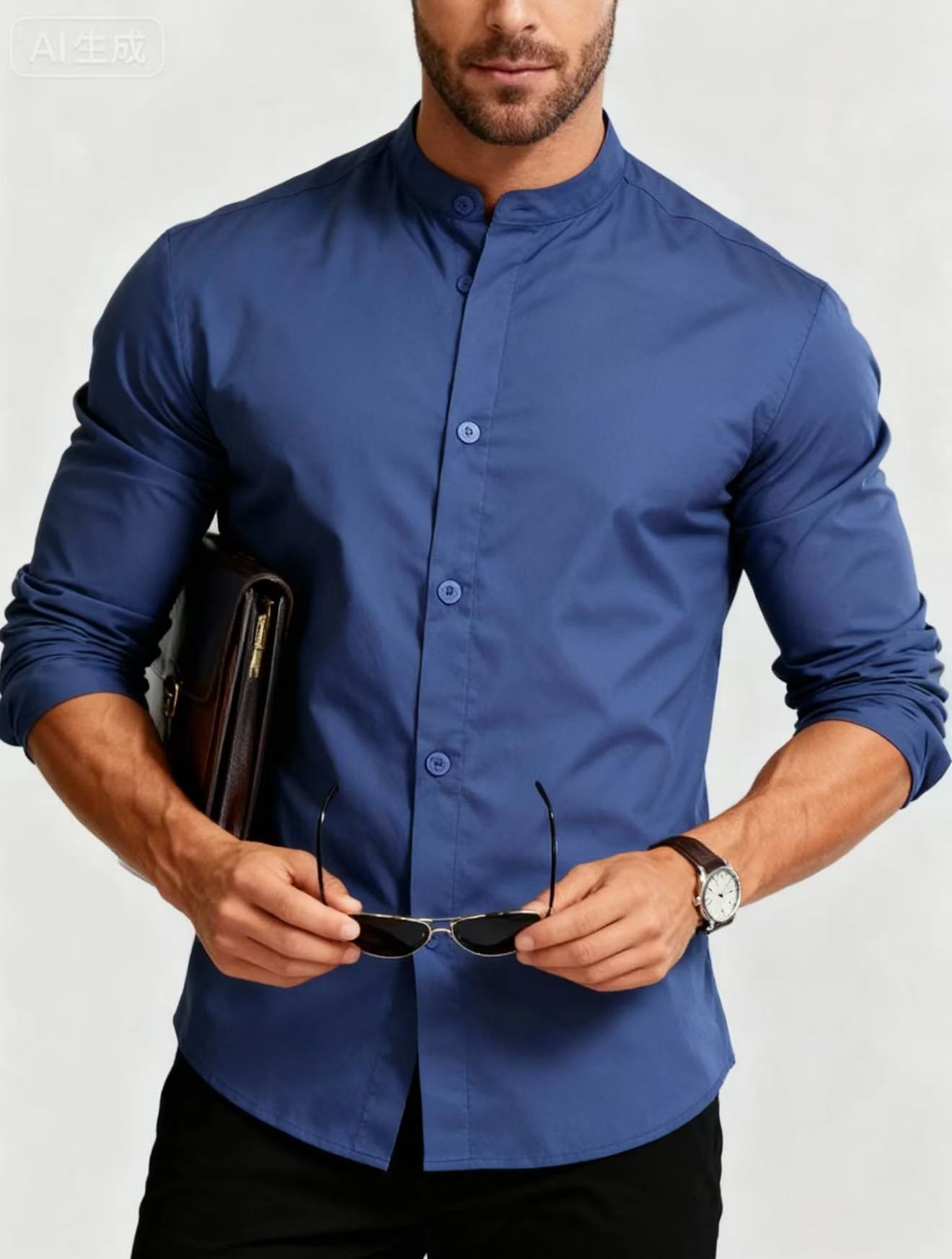 Chemise Homme Col Montant Bleu - Style Décontracté Business Casual Adolescent